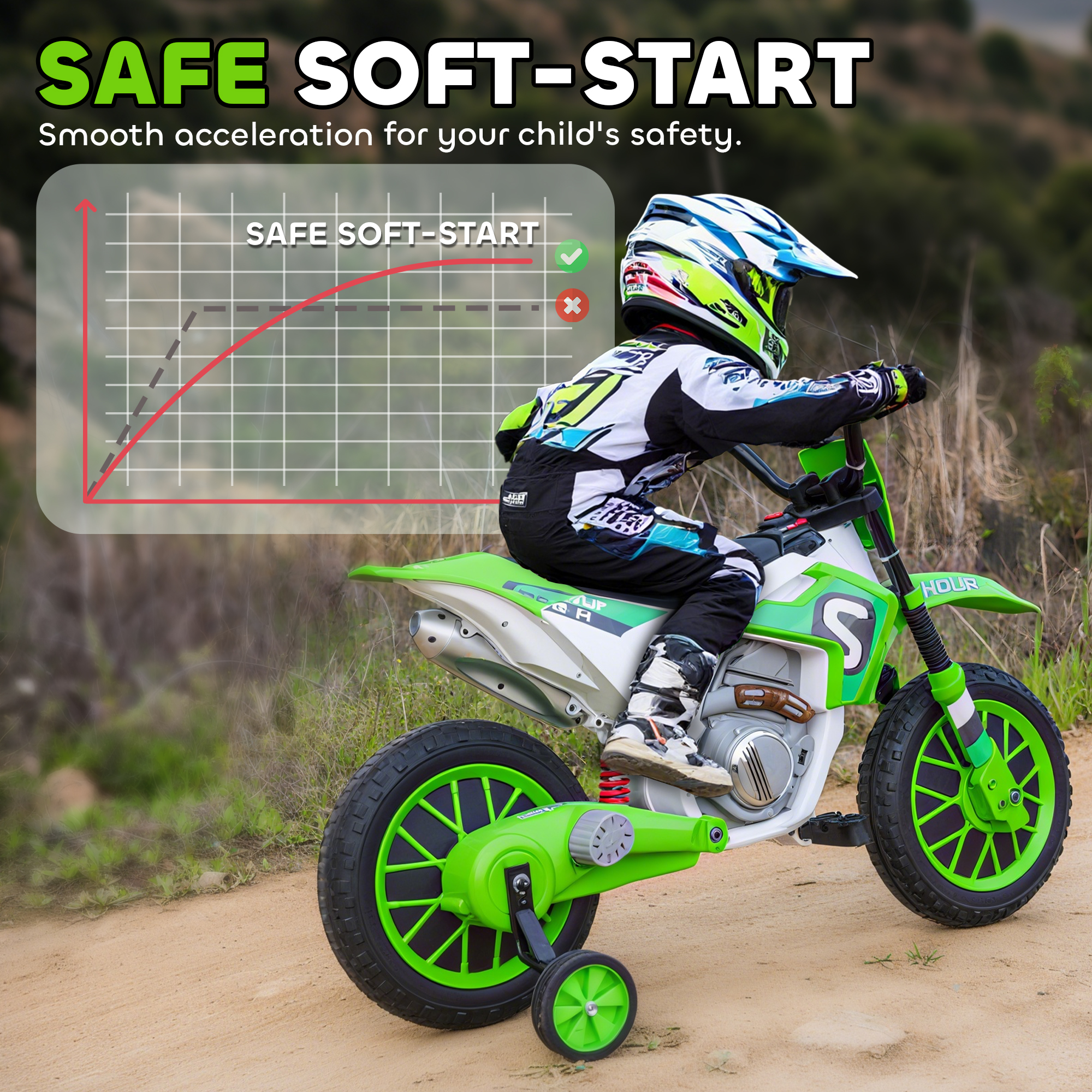 Aosom Kids Electric Motorcycle 12V Green with Training Wheels