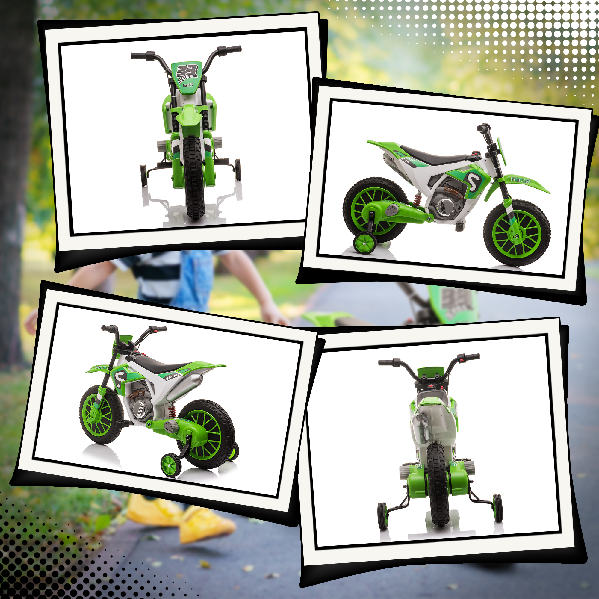 Aosom Kids Electric Motorcycle 12V Green with Training Wheels