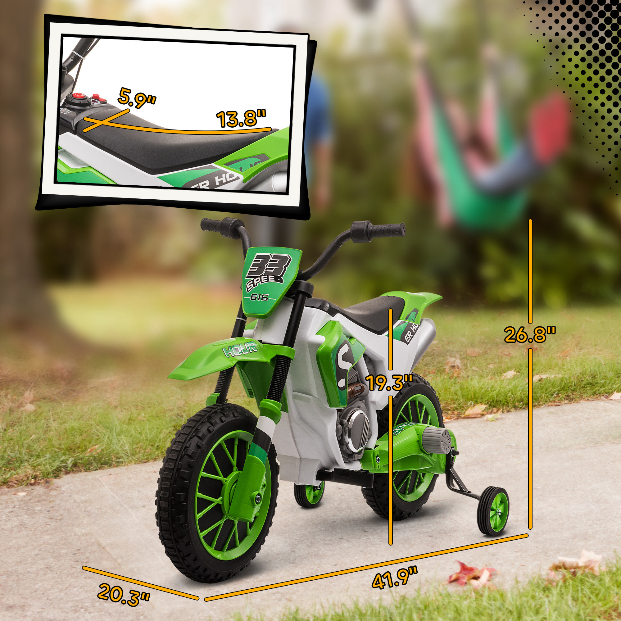 Aosom Kids Electric Motorcycle 12V Green with Training Wheels