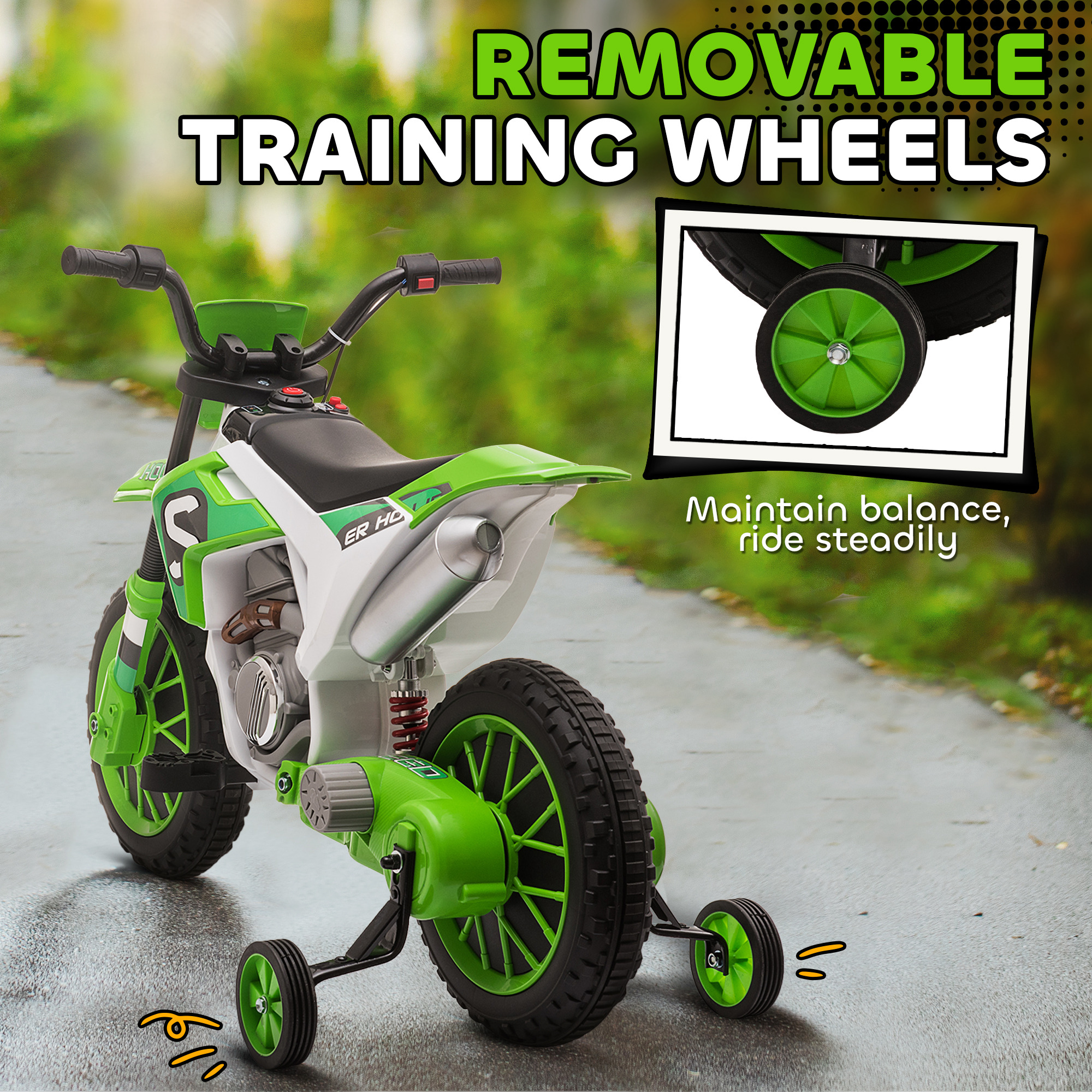 Aosom Kids Electric Motorcycle 12V Green with Training Wheels