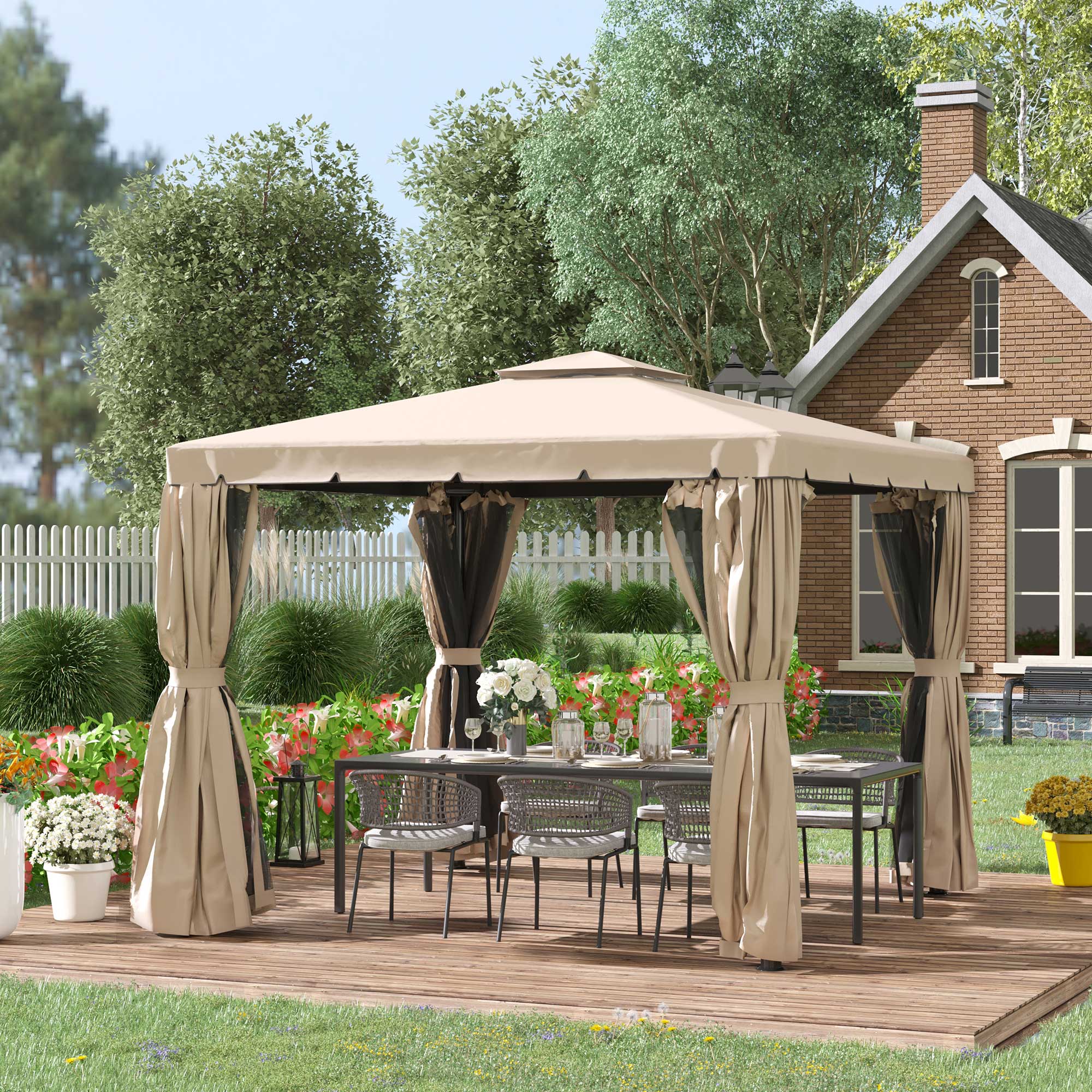 Outsunny 10'x10' Deck Gazebo with Curtains, Mesh Screen Drapes Gazebo Canopy Garden Shelter Tent with Double Tier Roof, Khaki Aosom Canada