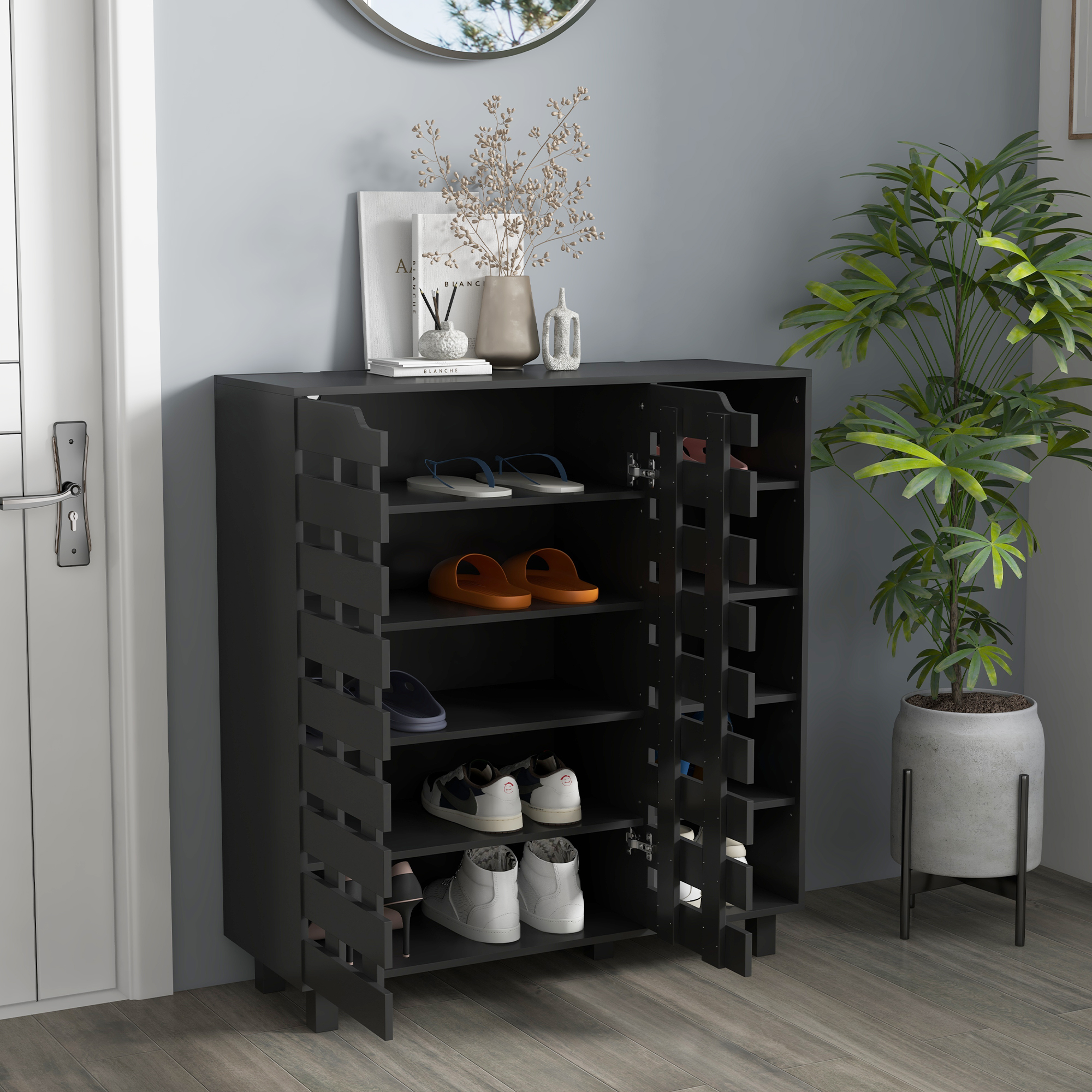 HOMCOM Shoe Storage Cabinet 21 Pair Organizer 5 Tier Double Door Cupboard 5 Tier Open Shelves Aosom Canada