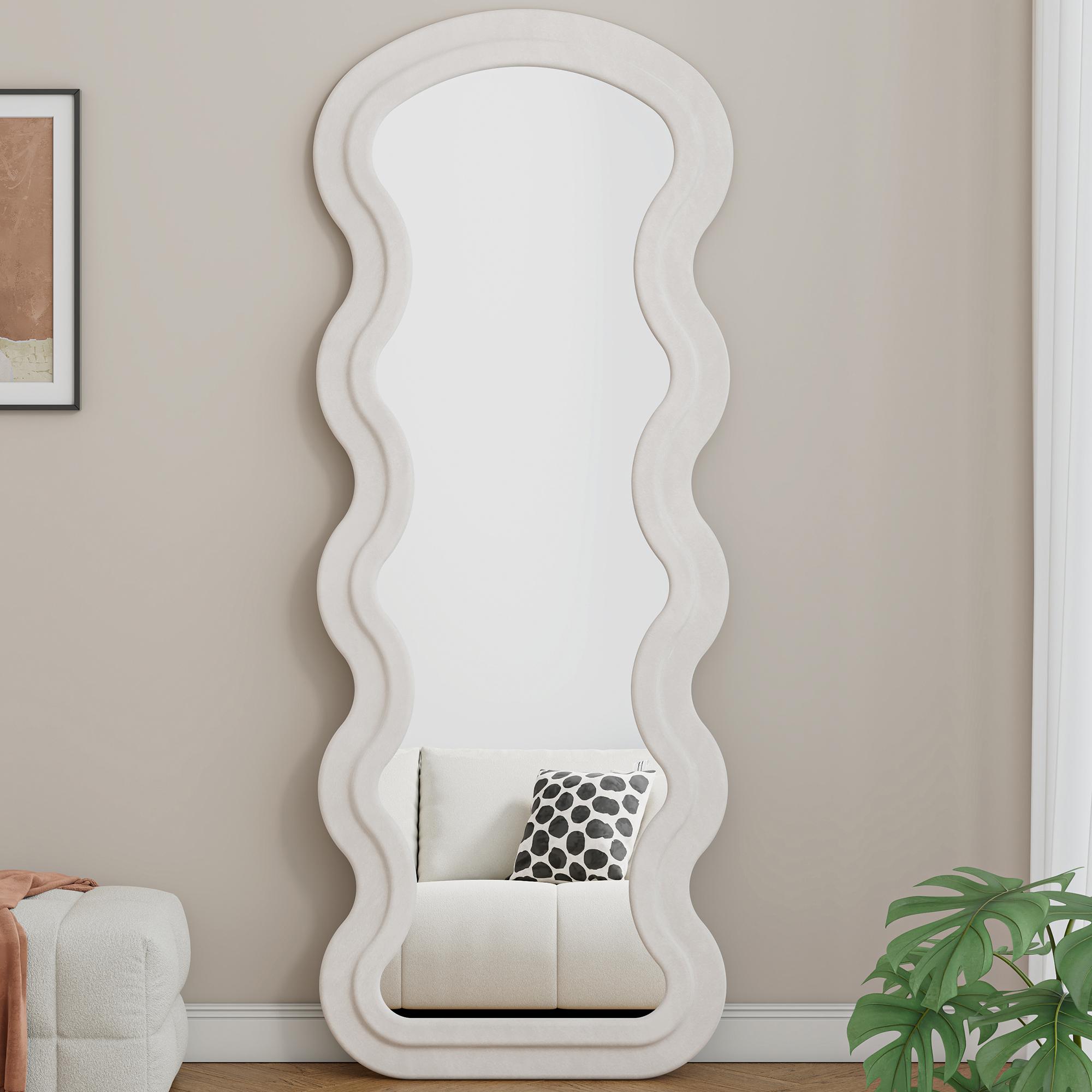 Flannel Full-Length Wavy Floor Mirror with Stand, Soft Padded Frame, Glass with Shatter-Resistant Backing, 63" L x 24" W x 2.5" H, Cream White