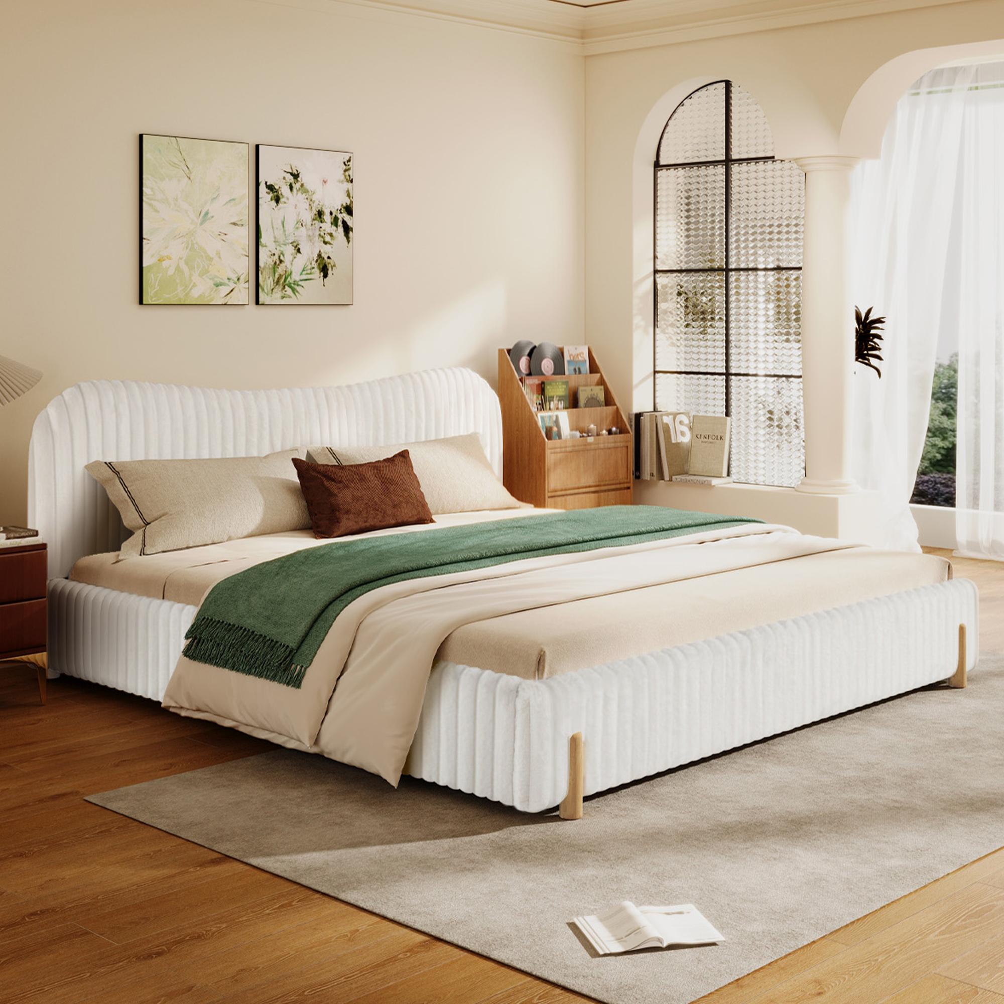 Modern Minimalist Upholstered Bed with Padded Headboard, Platform Bed with Rubberwood Legs, 86'' L x 81.5'' W x 34.5'' H, White Aosom Canada