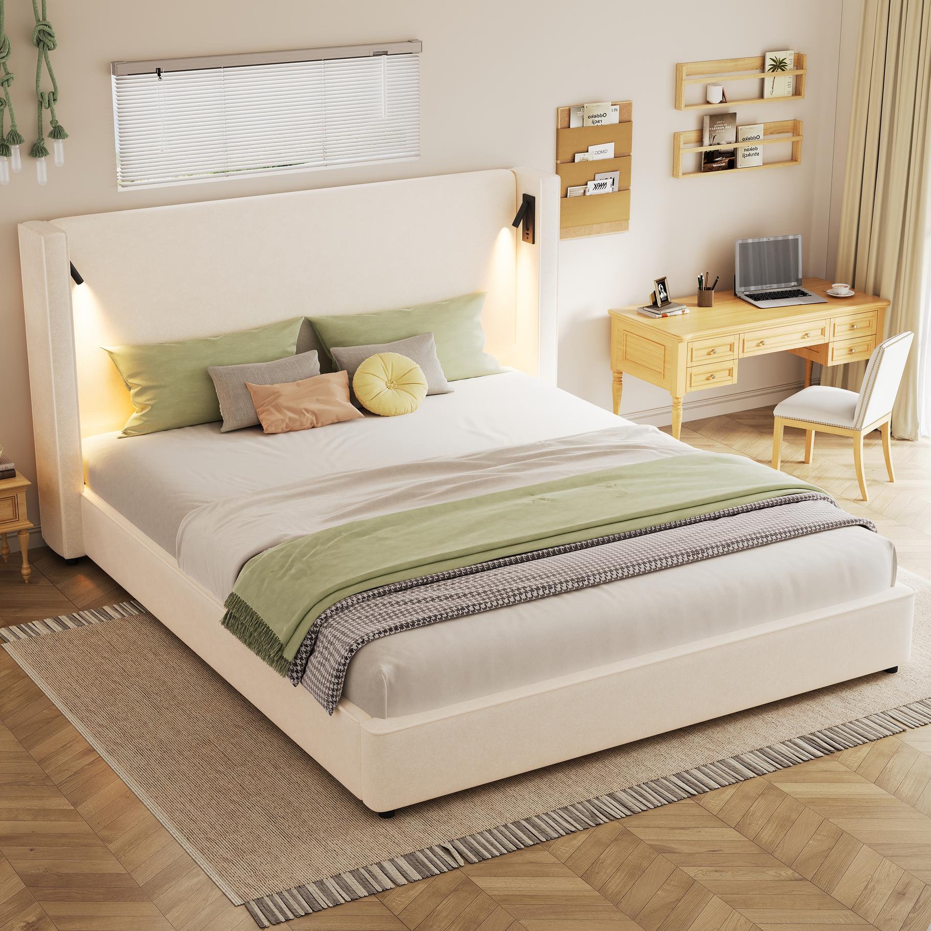 King Bed Frame with Reading Lamp and USB Charging Port, Platform Bed with Wingback Headboard, 86'' L x 83.5'' W x 49'' H, Beige Aosom Canada