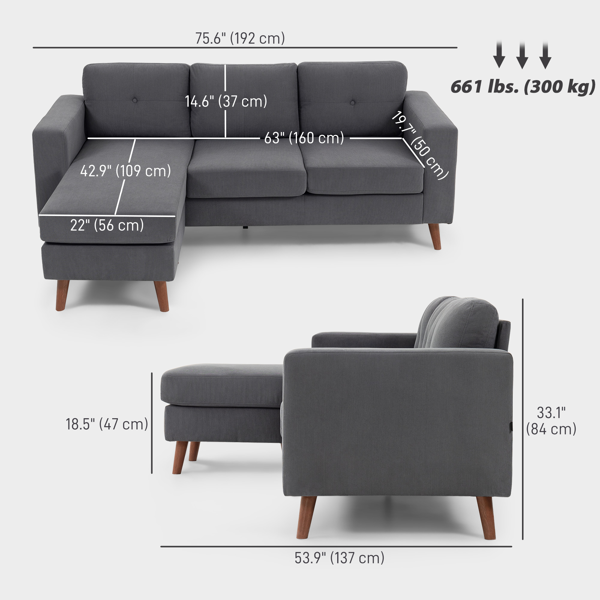 HOMCOM Small Space Sofa 3-Seat Sectional Sofa Dark Grey | Aosom Canada