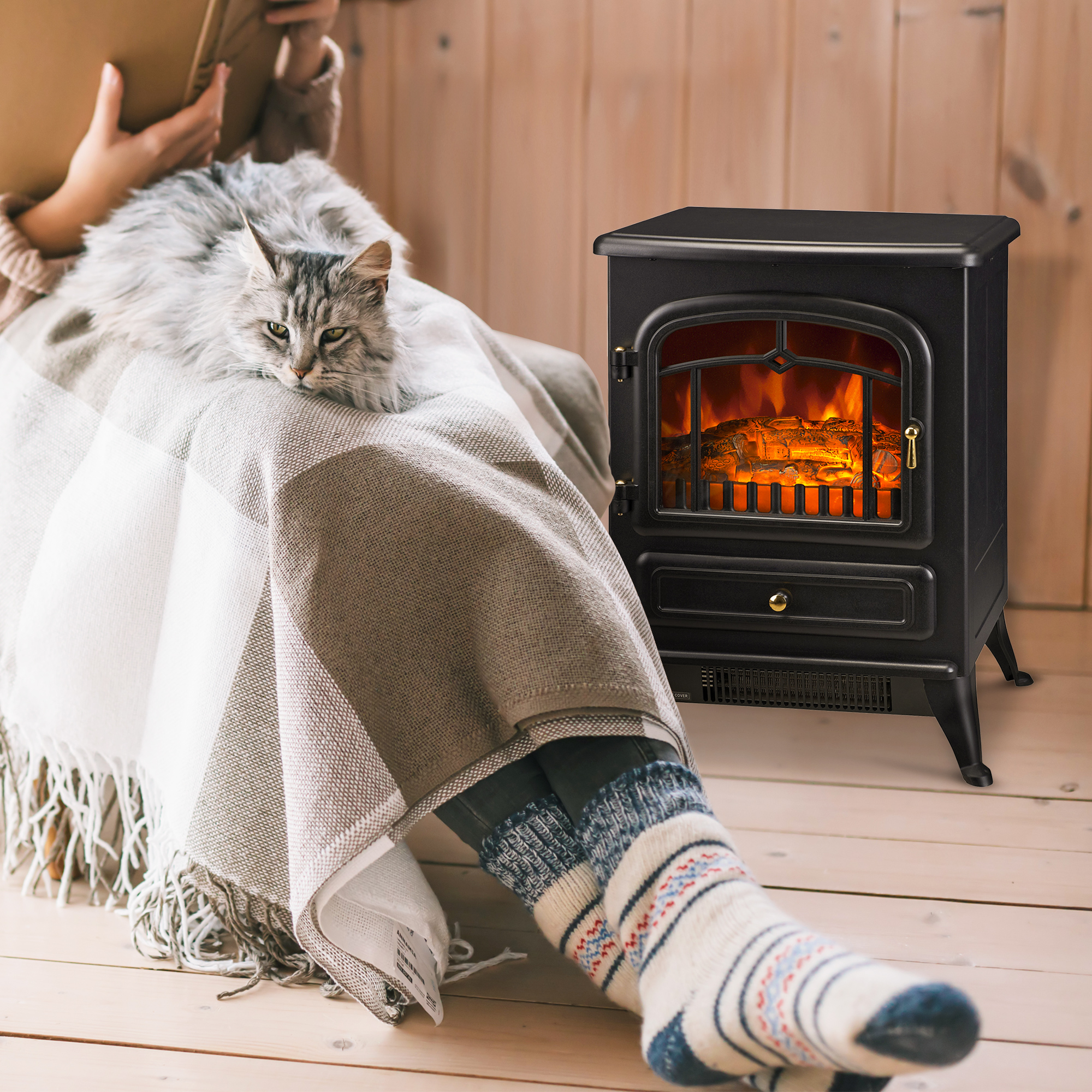 HOMCOM 16" Freestanding Electric Fireplace Heater Fire Stove with Wood Burning Flame 750/1500W Black Aosom Canada