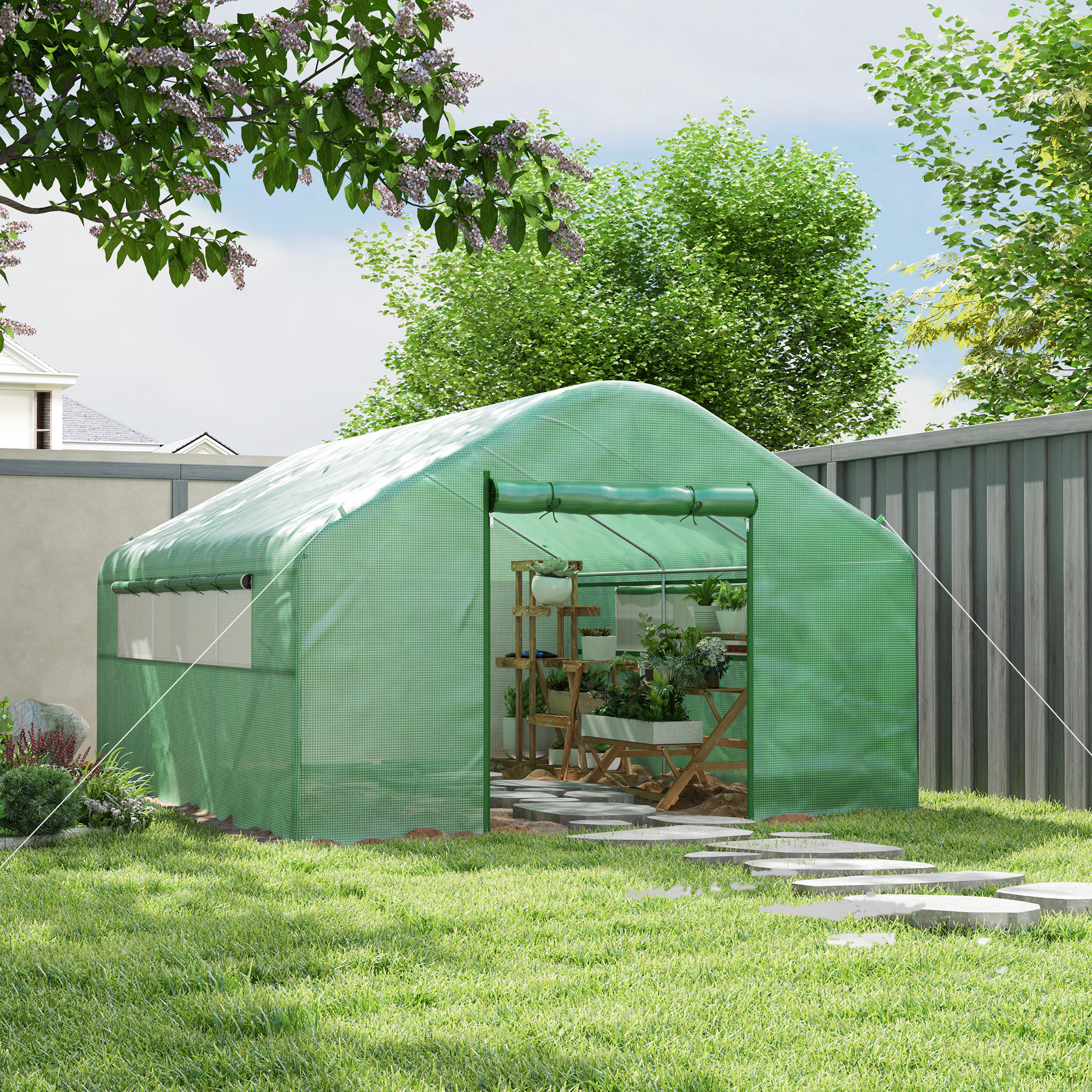 Outsunny Large Tunnel Hoop House with Mesh Windows, Walk In Greenhouse with 4-Level Wind Resistant, 13' x 10' x 6.5', Green Aosom Canada
