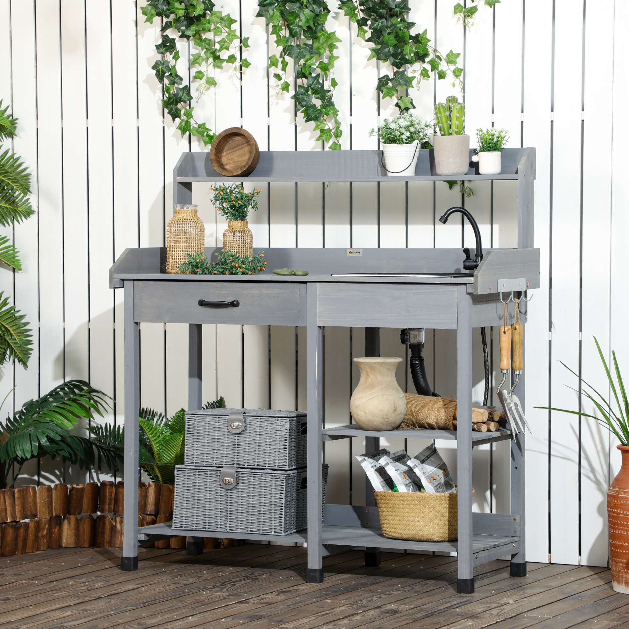 Outsunny Potting Bench Table Garden Work Bench Workstation with Drawer, Removable Sink and Hooks, 45.3" x 17.7" x 48.4", Grey Aosom Canada