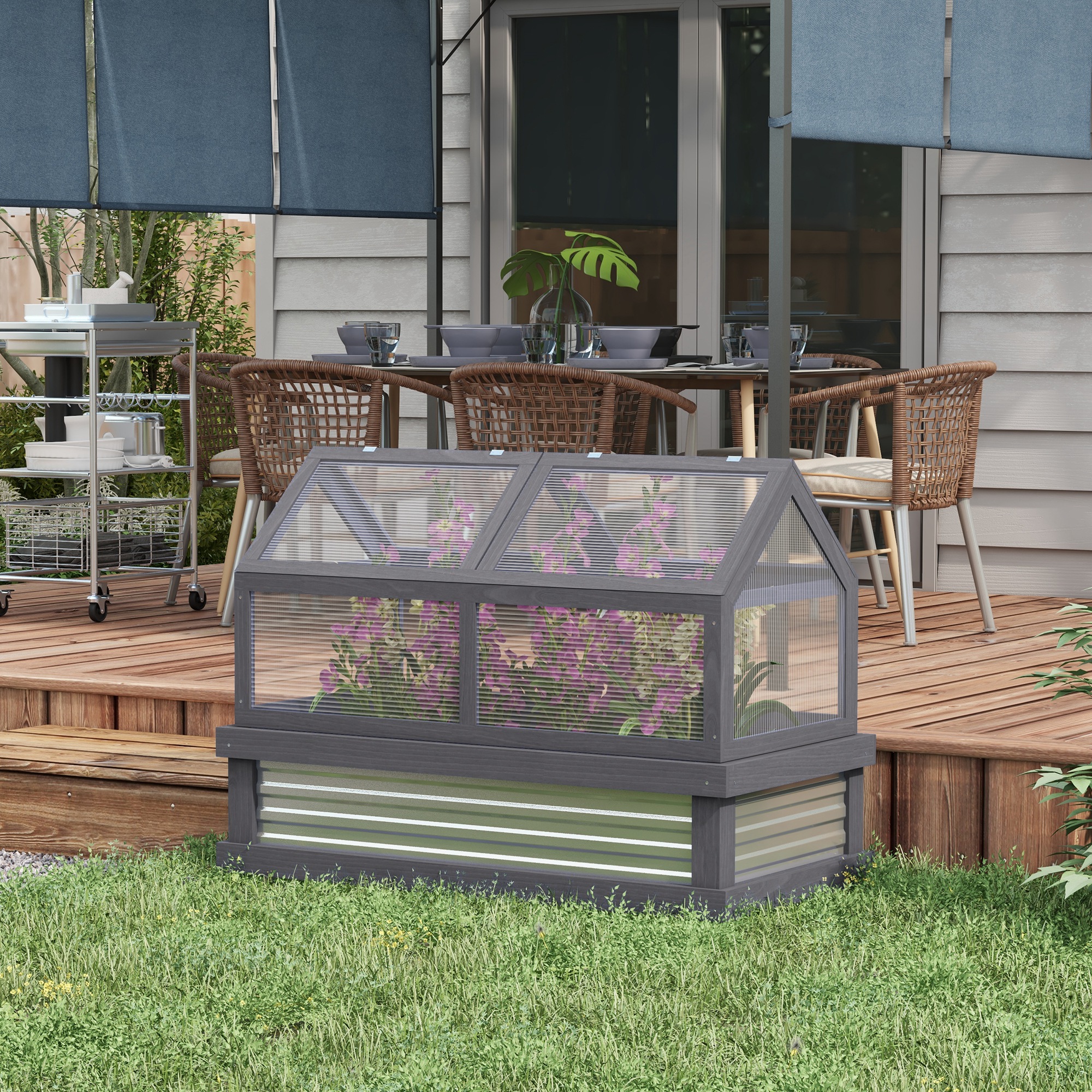 Outsunny Raised Garden Bed with Greenhouse, Wooden Cold Frame Planter Greenhouse with Pointed Open Roofs, 48"x24"x32", Grey Aosom Canada