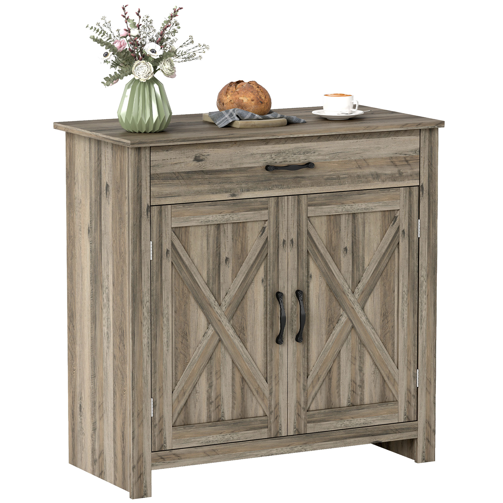 HOMCOM Farmhouse Sideboard Buffet Cabinet, Barn Door Coffee Bar Cabinet with Drawer and Adjustable Shelf for Kitchen, Living Room, Entryway, Gray