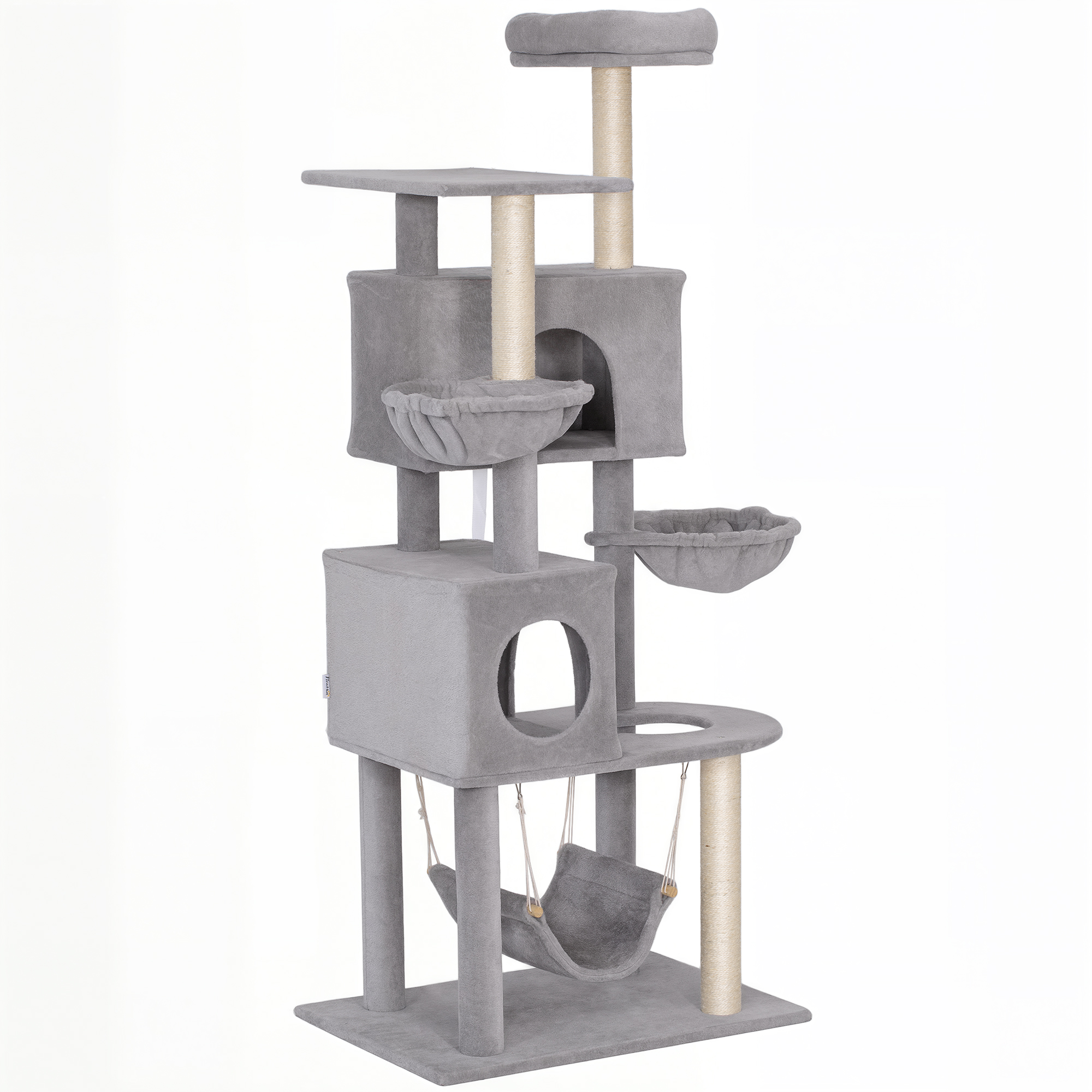 3 Big Hammocks, 66 Inch Spacious Feline Tree with 2 Entry Condos, Plush Top Perch, Sisal Scratching Posts, Lightweight Grey 1
