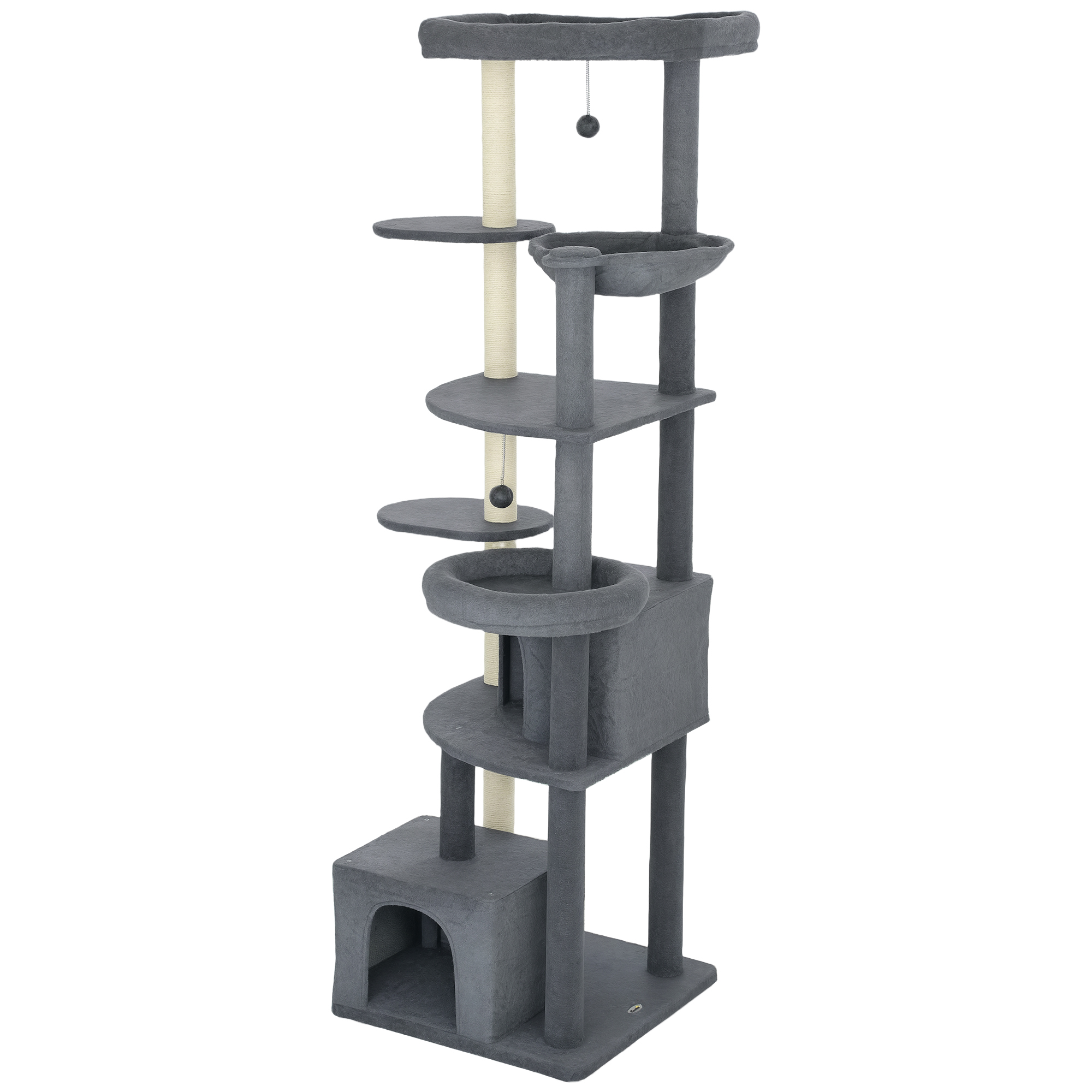 Perches, 79" Extra Tall Feline Tree with Scratching Posts, Caves, Hammock, Pompoms, for 2-3 Inside Cats, Dark Grey 1