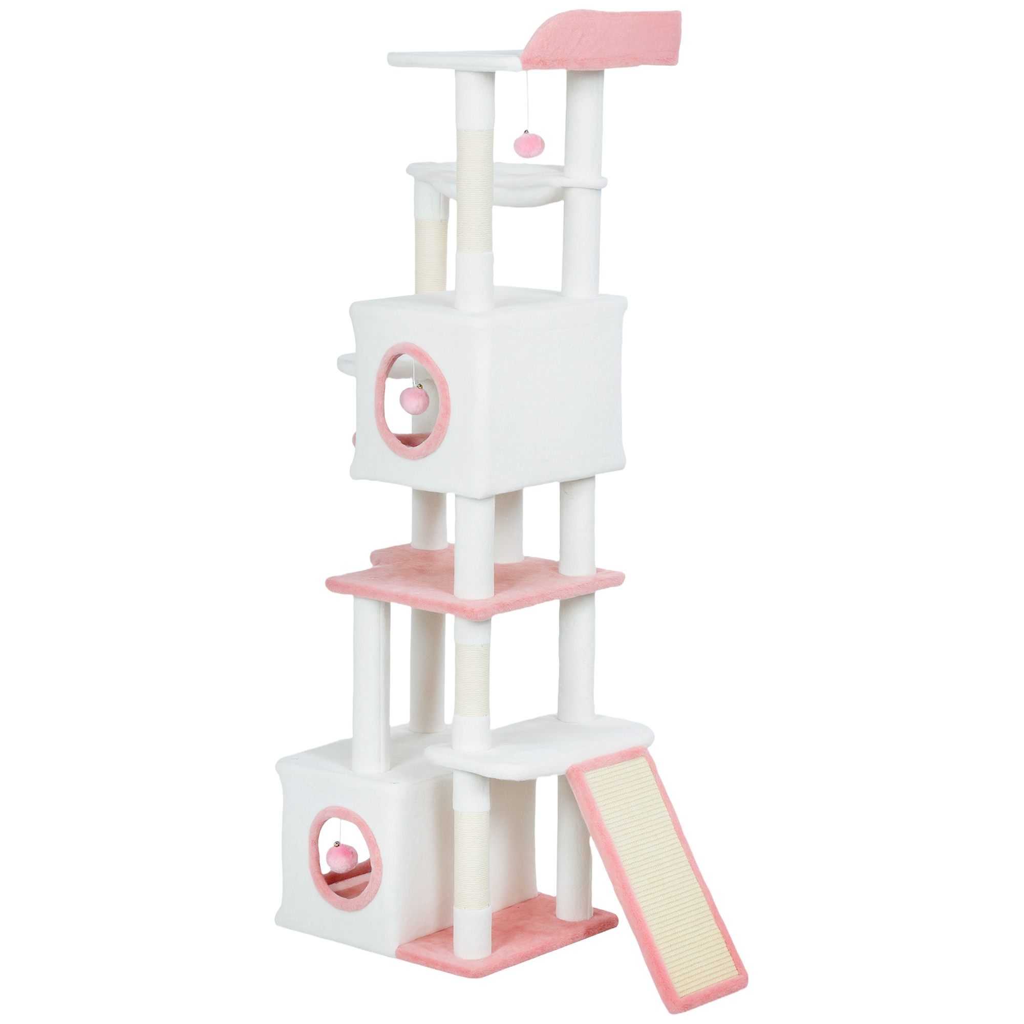 Plush Top Perch, 65 Inch Feline Tree with 2 Doors Condos, Hammock, Sisal Scratching Posts, 4 Pompoms, Ramp, White 1