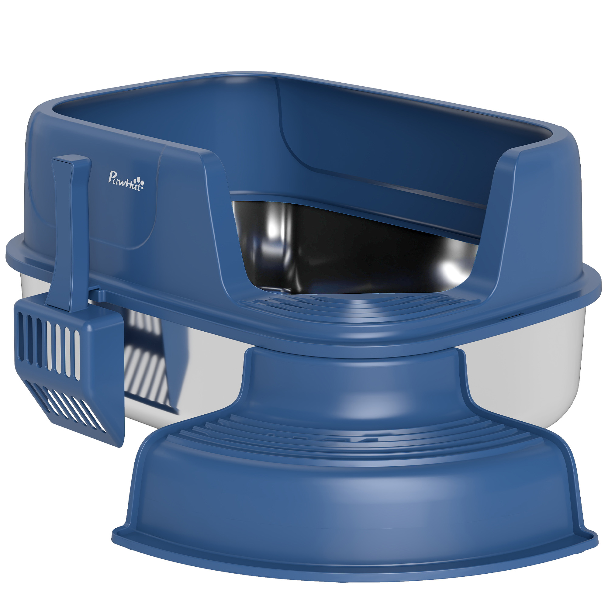 Feline Litter Container with High Side and Scoop, Stainless Steel Feline Litter Container, Anti-Leakage, Easy to Clean, Navy Blue 1
