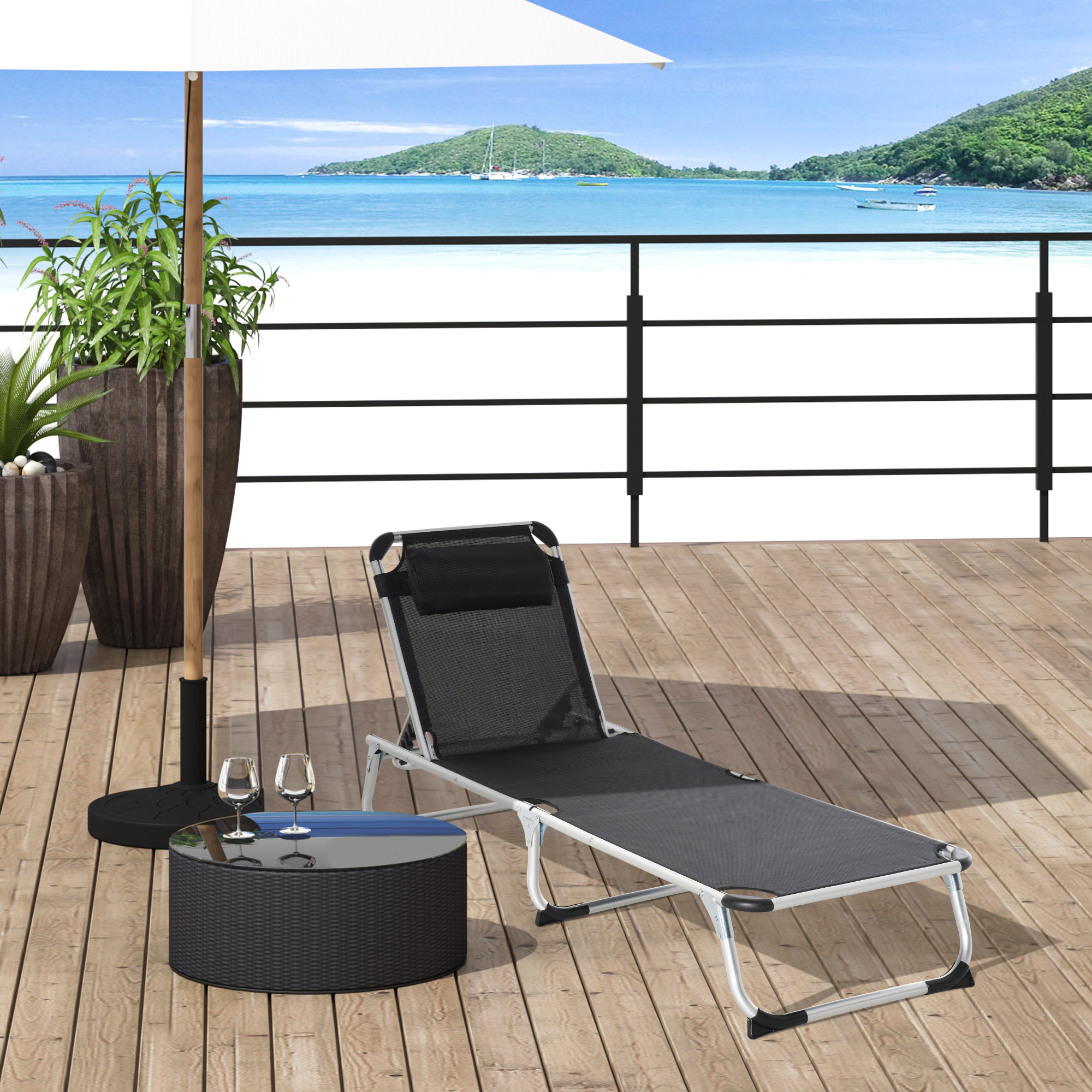 Outsunny Adjustable Folding Lounge Chair Patio Recliner with Headrest Aluminum Frame 5-Position Black Aosom Canada