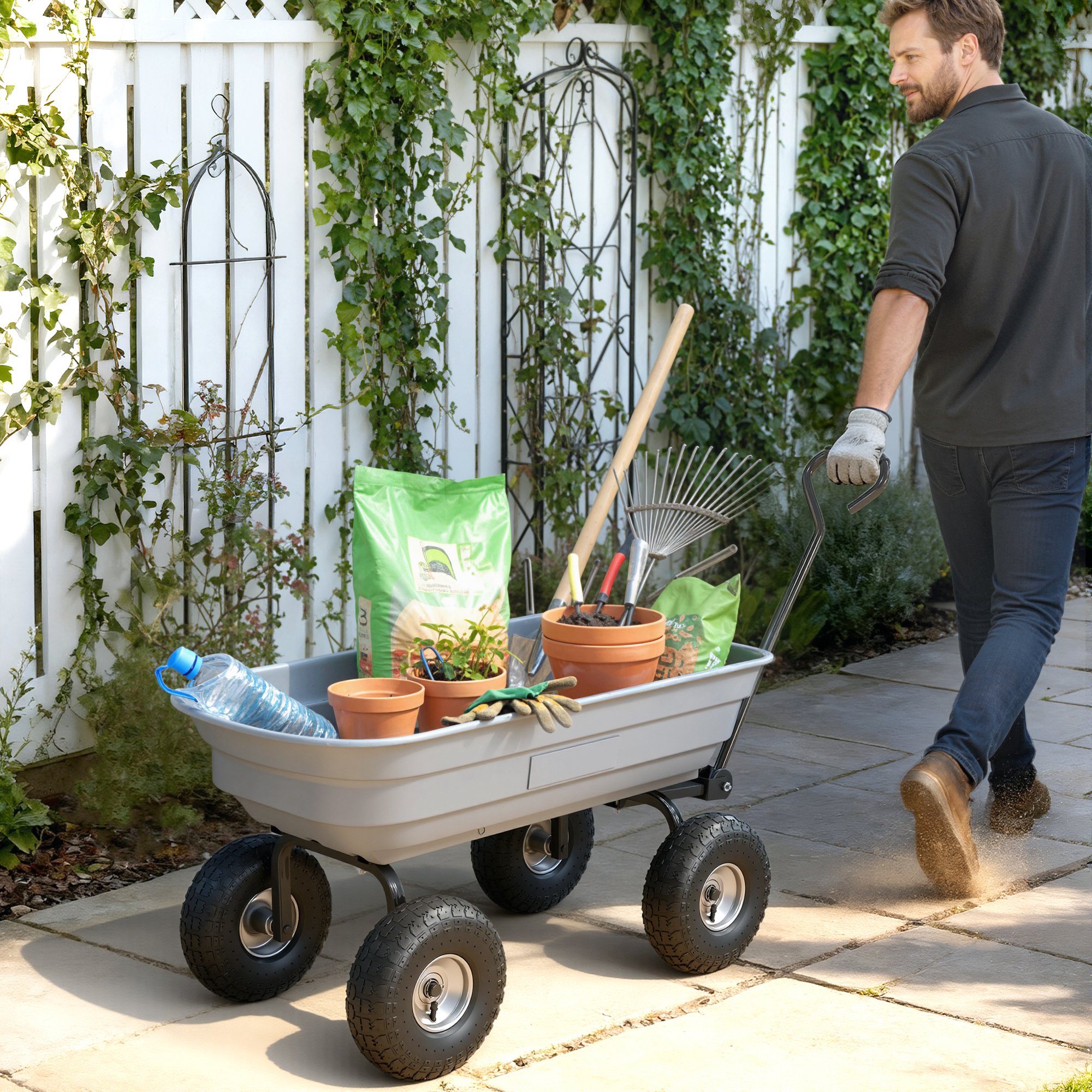 Outsunny Steel Garden Cart with Handle and 10" Pneumatic Tires, Utility Wagon Cart for Garden Patio Lawn, 551lbs Capacity, Grey Aosom Canada
