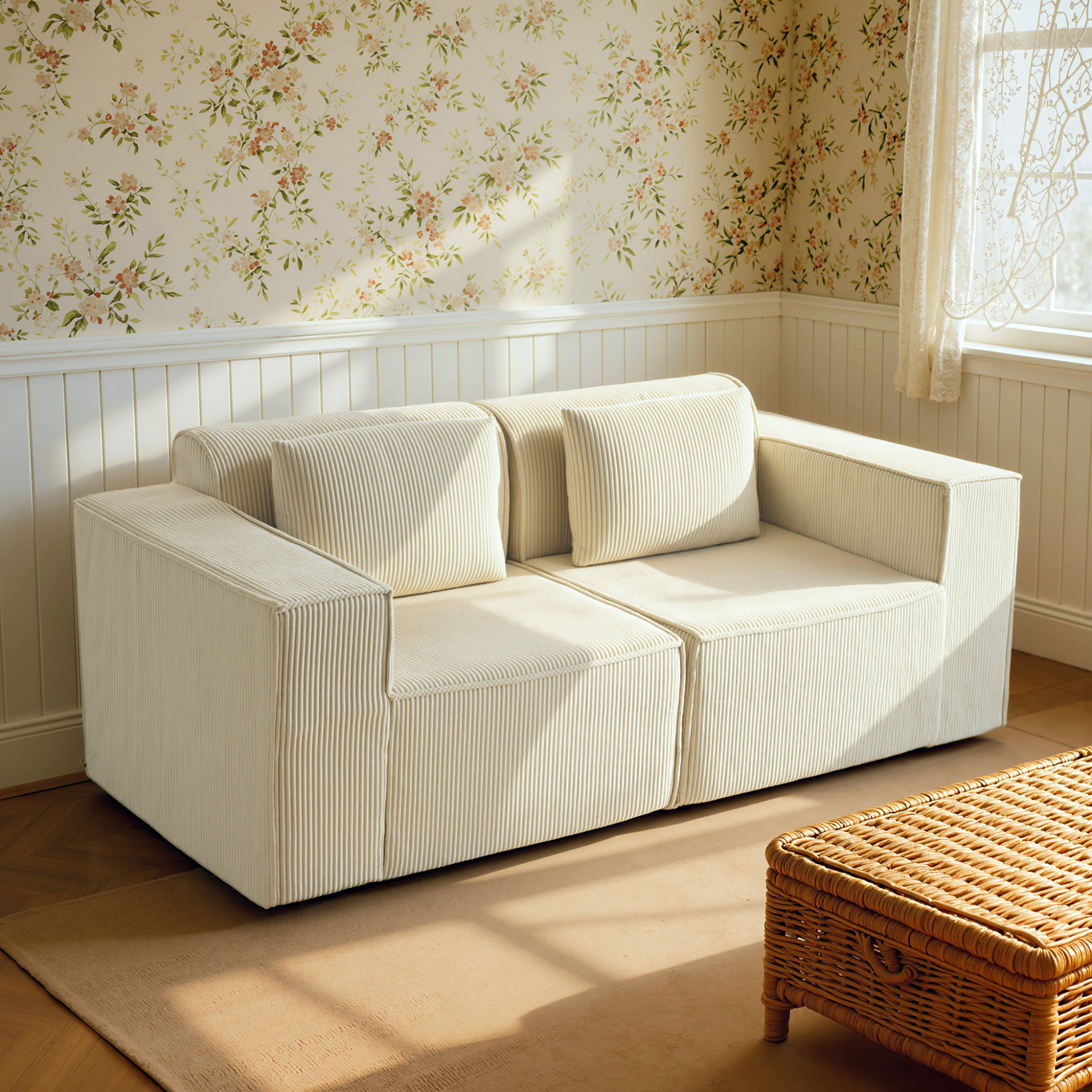HOMCOM Boneless Couch with Deep Seat, Wide Armrests, 2 Pillows, Corduroy 3 Seater Sofa, Quick Assembly, Beige Aosom Canada