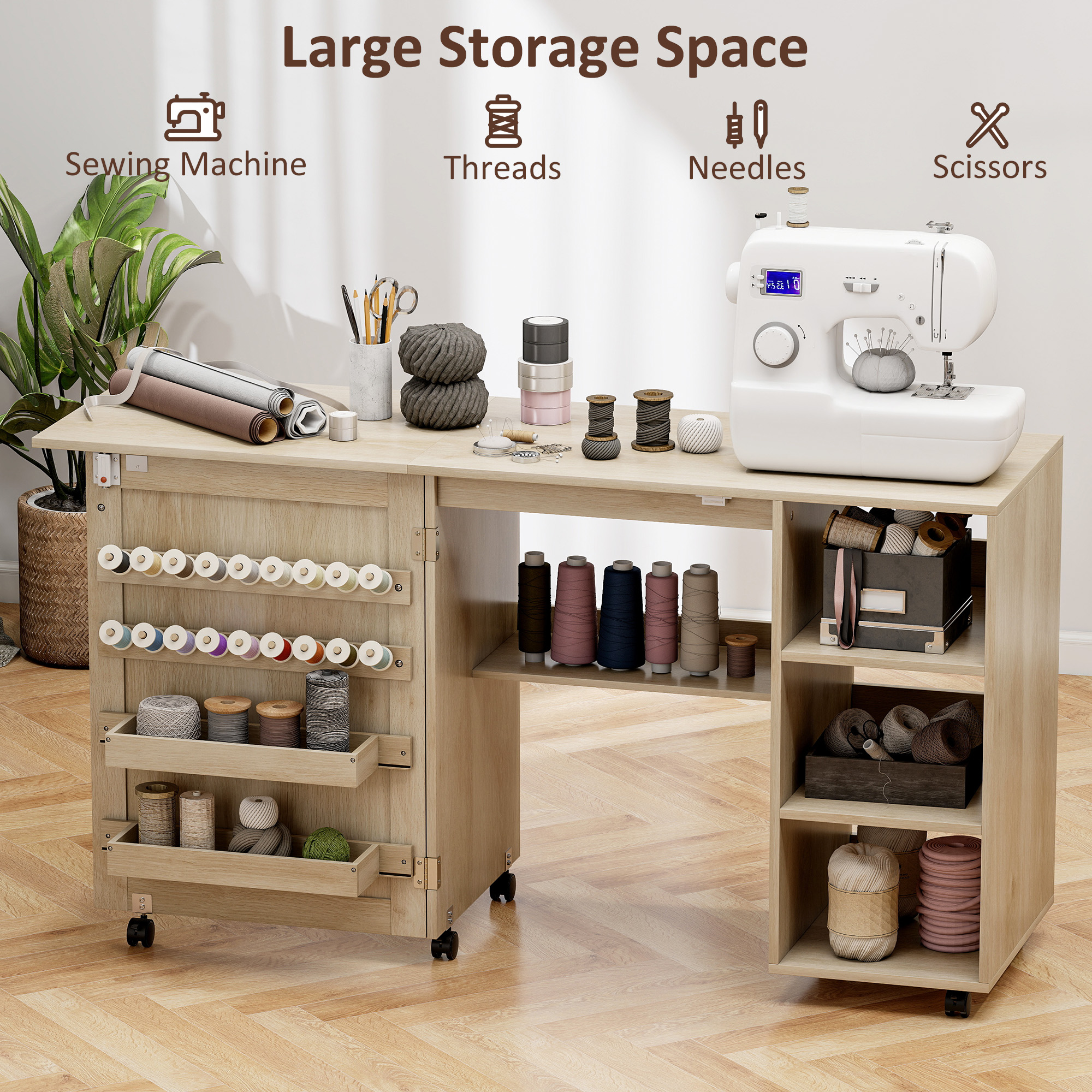 HOMCOM Sewing Machine Table with Drop Leaf, Folding Craft Table Rattan ...