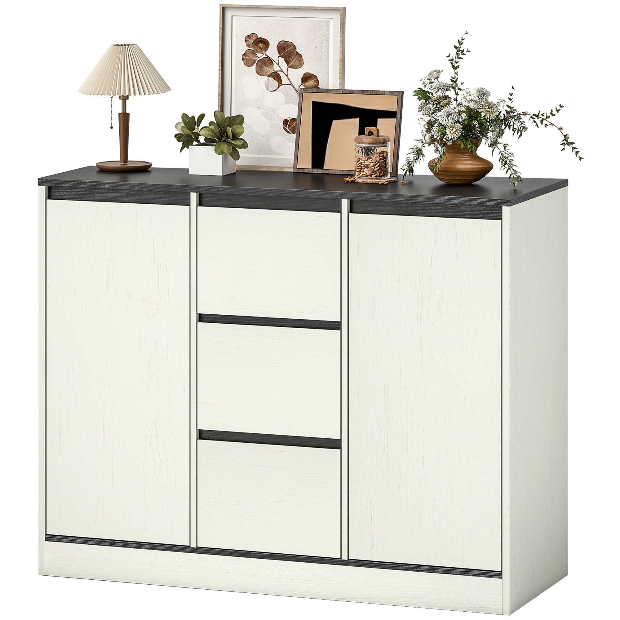 Modern Sideboard with 3 Drawers and 2 Adjustable-Height Shelves, Buffet Organizer Unit with Soft-Close Hinges, White Wood Grain 1