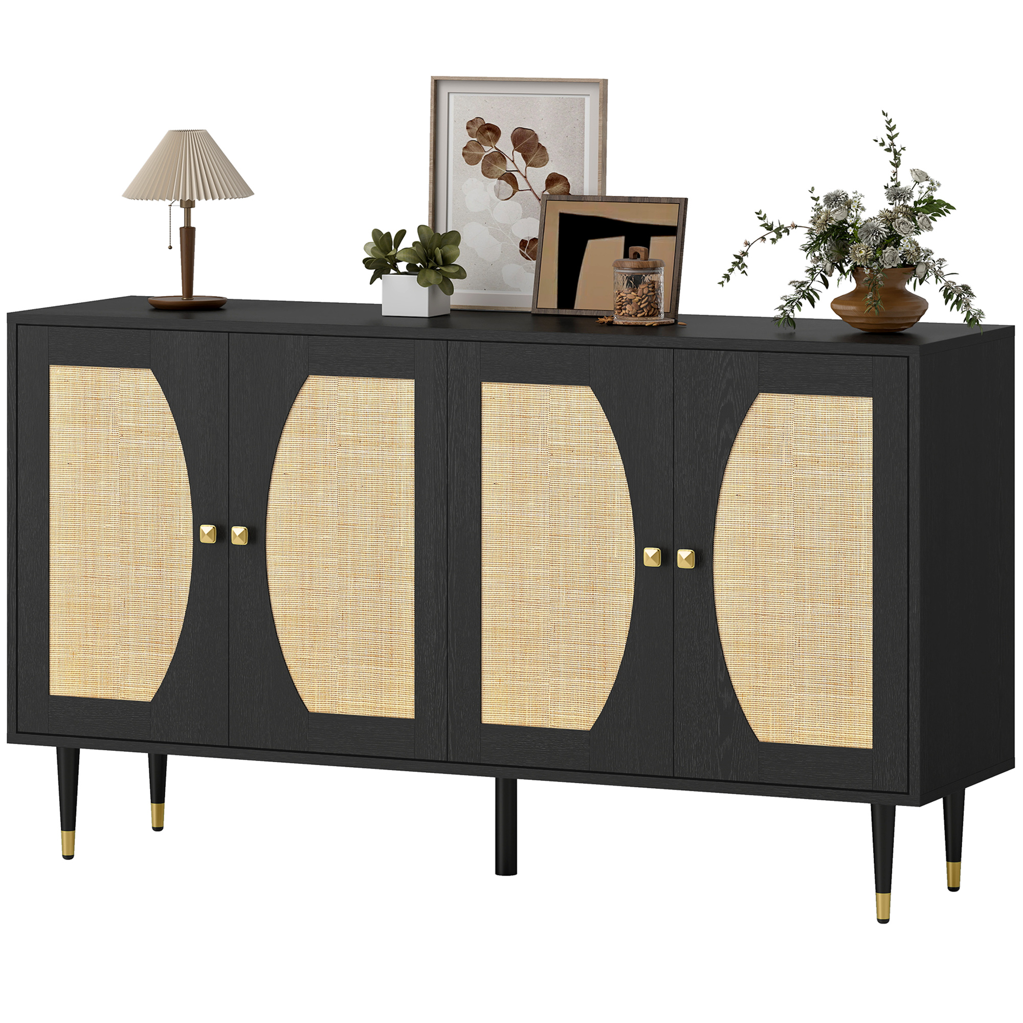 Boho Organizer Organizer Unit with Adjustable-Height Shelves, 55" Sideboard Buffet Organizer Unit, Soft Close Doors and Rattan Front, Black 1