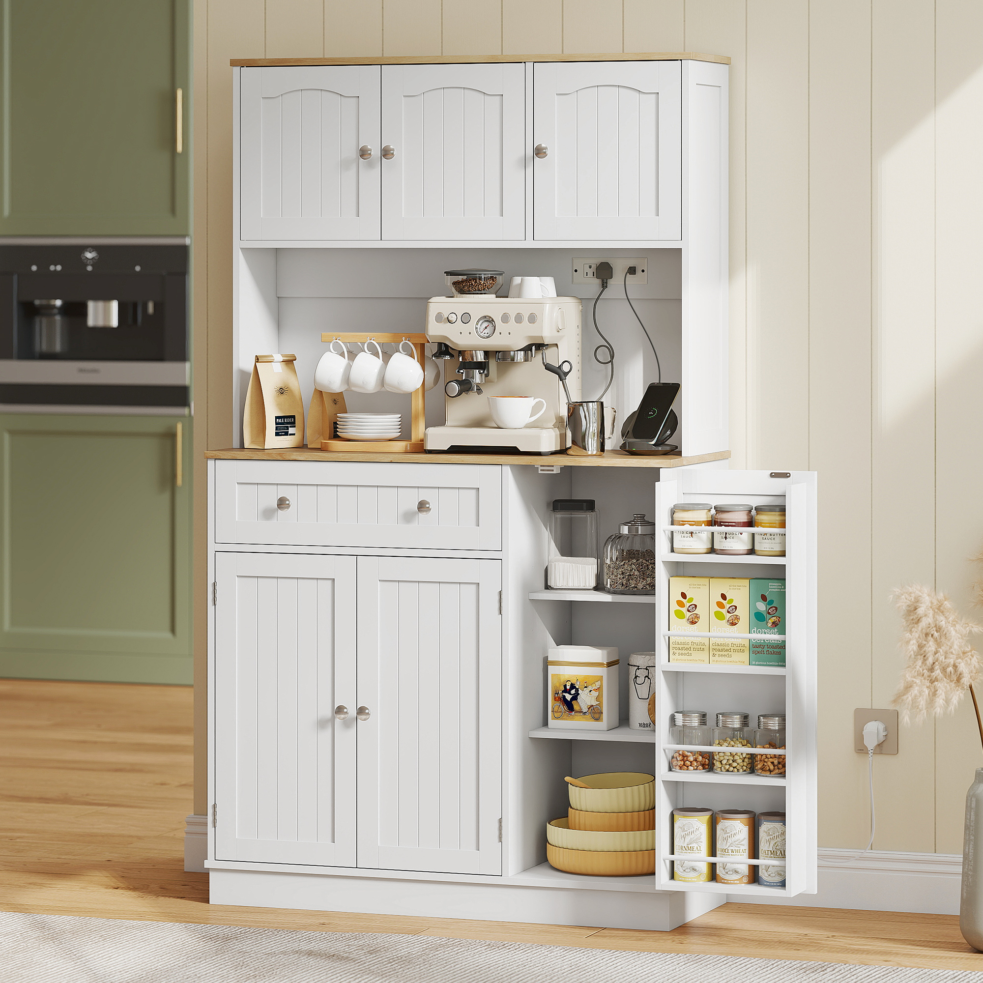 HOMCOM 68" Pantry Cabinet with Charging Station, Kitchen Storage Cabinet with Microwave Stand, 4 Door Racks, White Aosom Canada