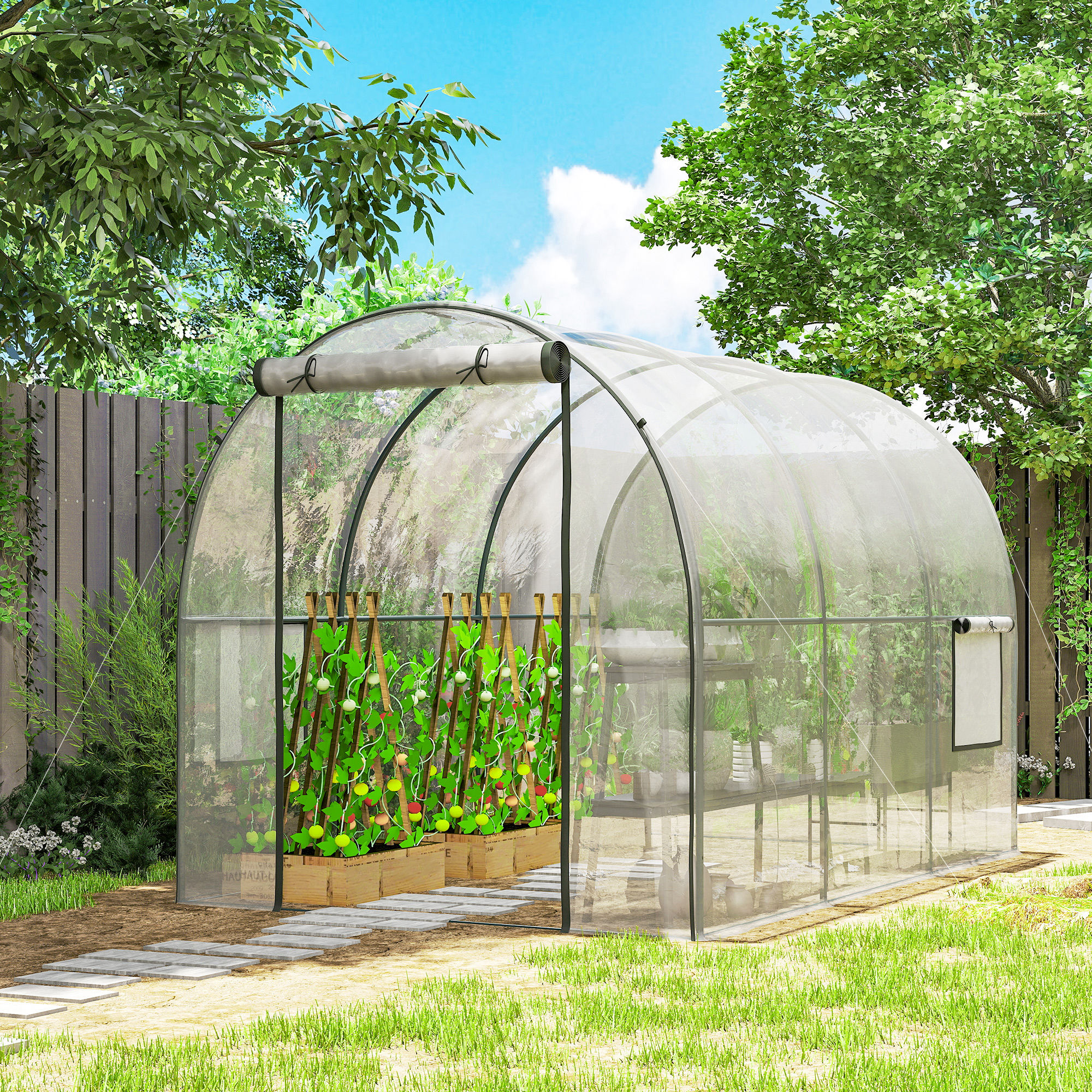 Outsunny Polytunnel Greenhouse with Roll-up Door and Mesh Window, Walk-in Grow House Tent with Steel Frame, 3 x 2 x 2 m, Clear Aosom Canada