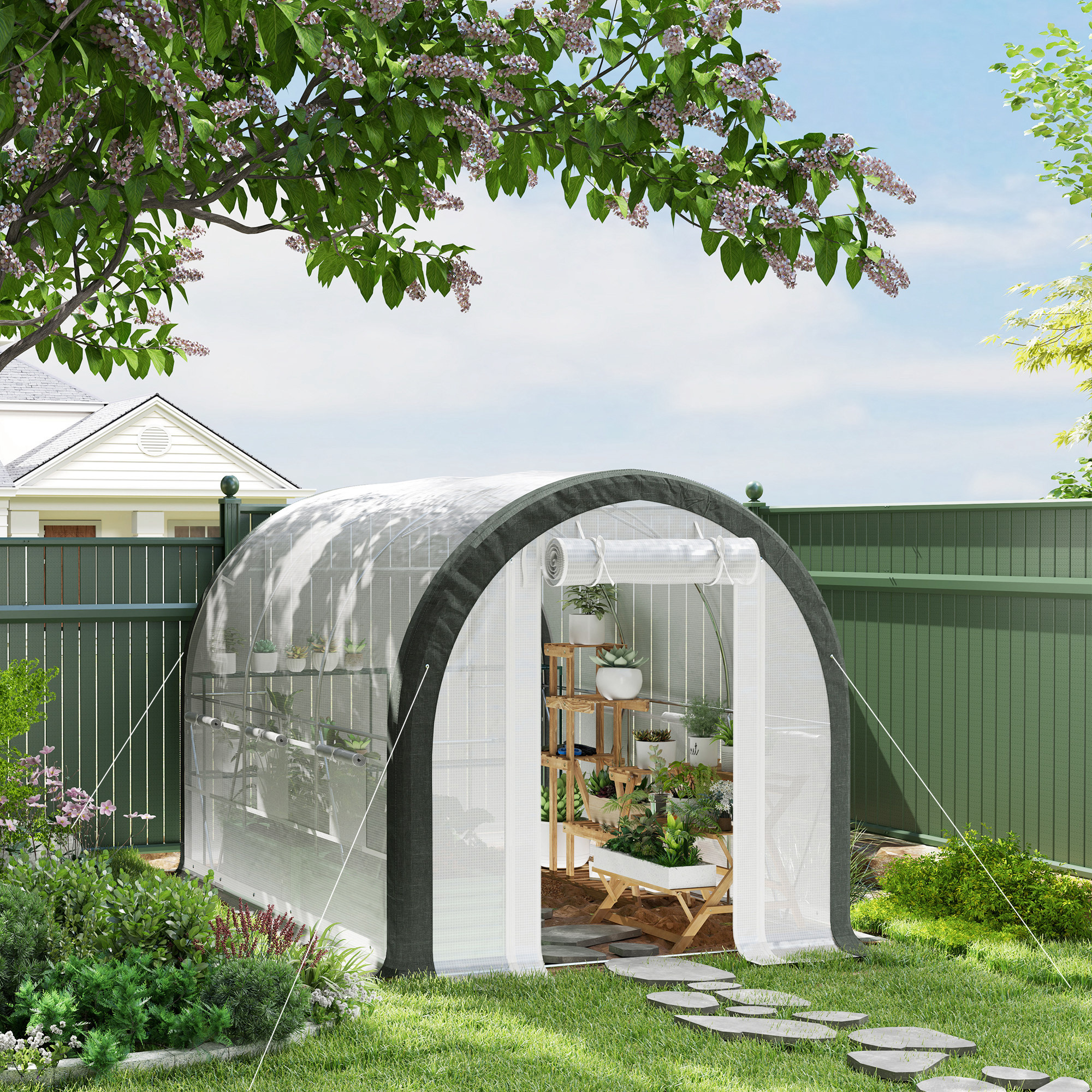 Outsunny 10'x6.6'x6.6' Upgraded Tunnel Greenhouse Green House with Mesh Door and Windows, 6 Plant Labels and Gloves, White Aosom Canada