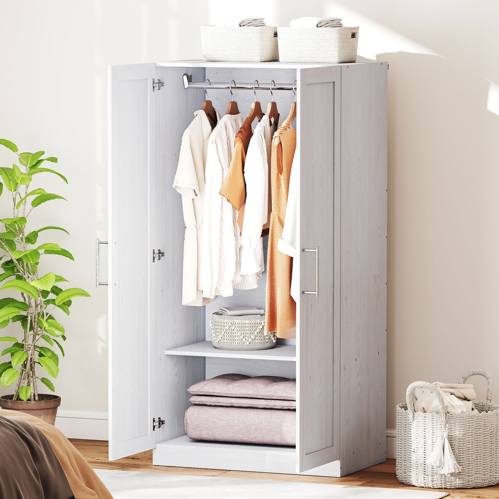 HOMCOM Wardrobe Cabinet with 2 Doors and Hanging Rod, Modern Armoire