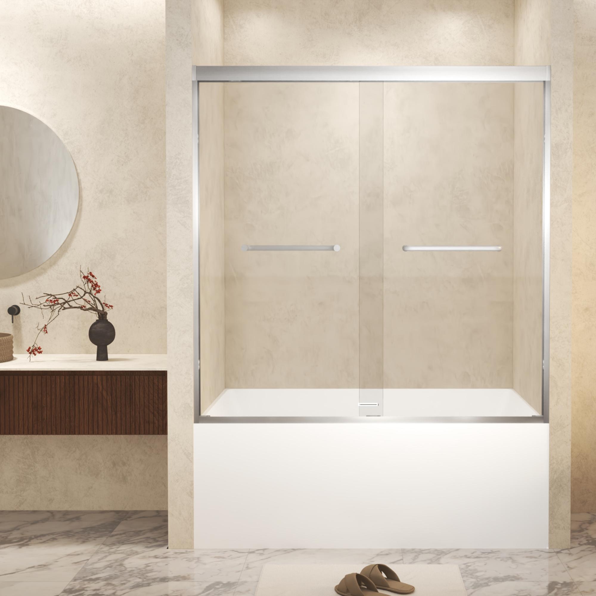 Double Sliding Shower Door with Explosion-Proof Safety Film, Stainless Steel Long Handle, Panel for Bathroom, 60" L x 0.5" W x 60" H, Brushed Nickel