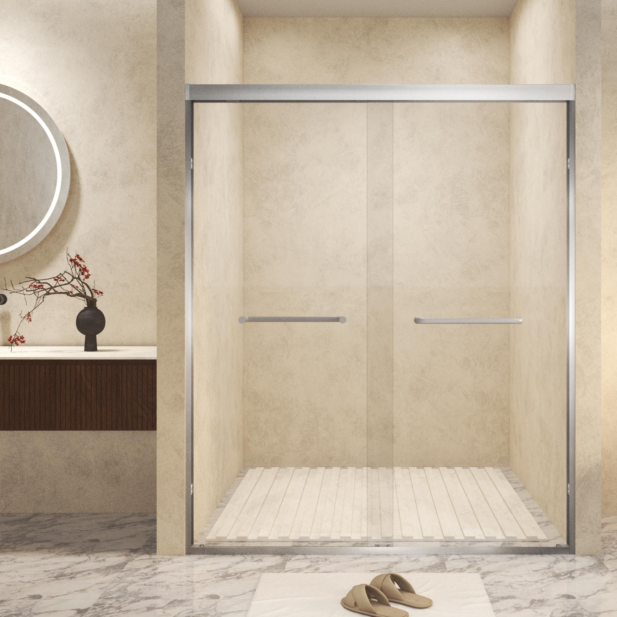 Double Sliding Shower Door with Explosion-Proof Safety Film and Stainless Steel Handle, Panel for Bathroom, 48" L x 0.5" W x 72" H, Brushed Nickel
