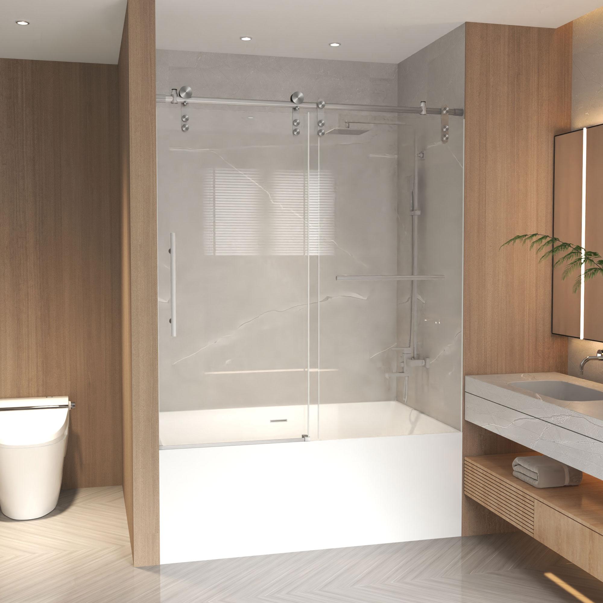 Sliding Shower Door with Waterproof Seals and Tempered Glass, Bathroom Door with Towel Bar Handle, 60" L x 0.5" W x 66" H, Brushed Nickel