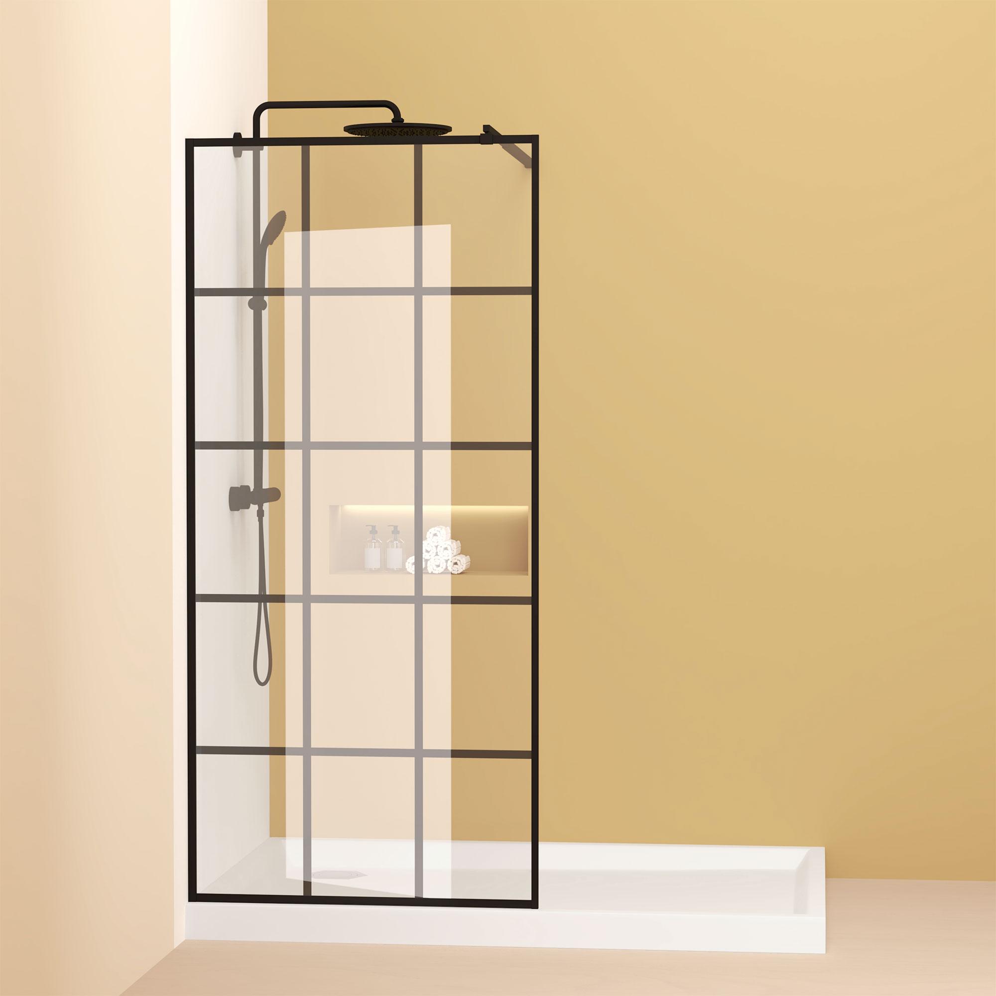 Framed Glass Shower Screen with Safety Film and Tempered Glass, Door with Stainless Steel Support Rod, 34" L x 0.5" W x 72" H, Matte Black