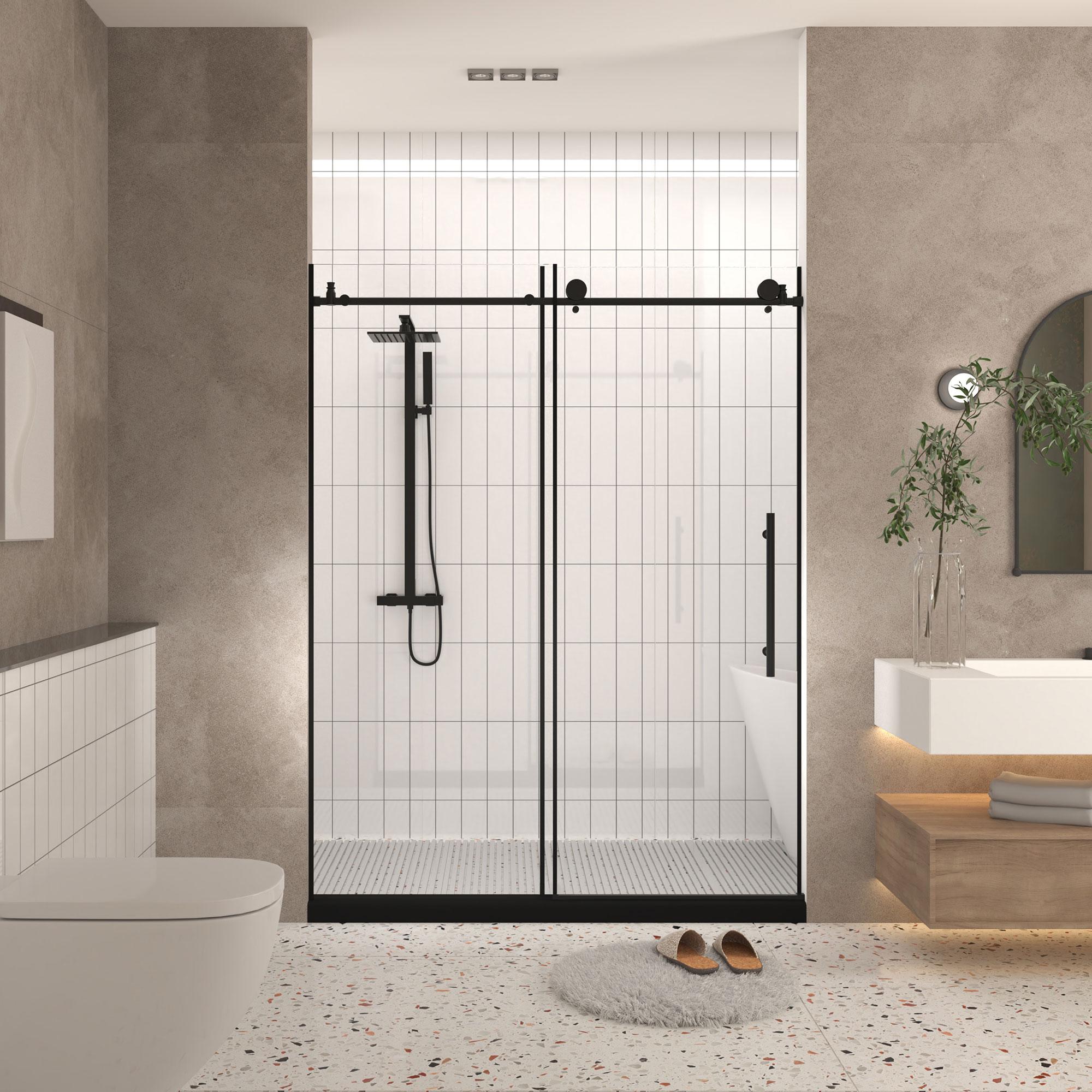 Frameless Sliding Shower Door with Explosion-Proof Film and Smooth Stainless Steel Rollers, Panel for Bathroom, 60" L x 0.5" W x 76" H, Matte Black