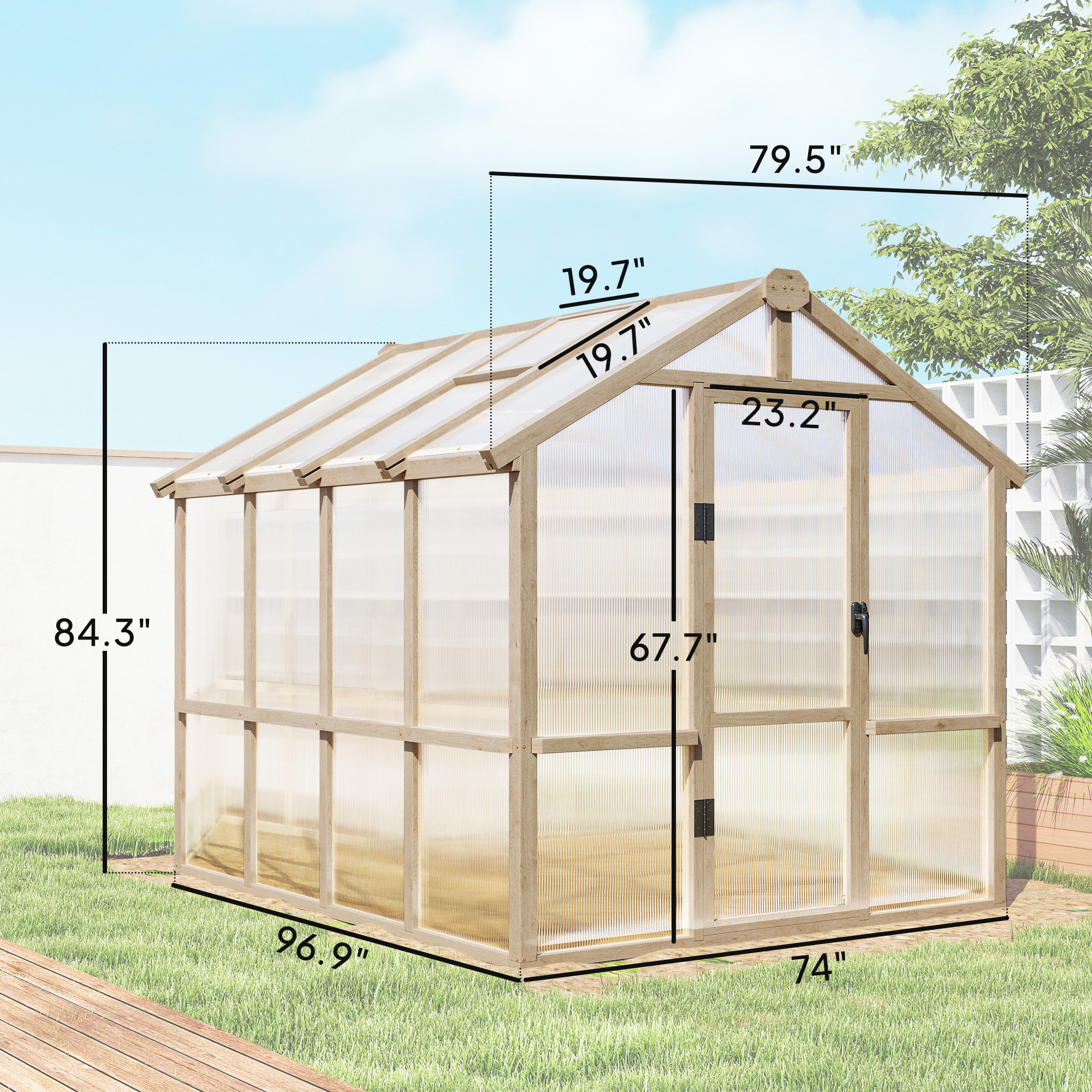 Outsunny Wooden Greenhouse 6.6 x 8 ft, Polycarbonate Panels, Roof
