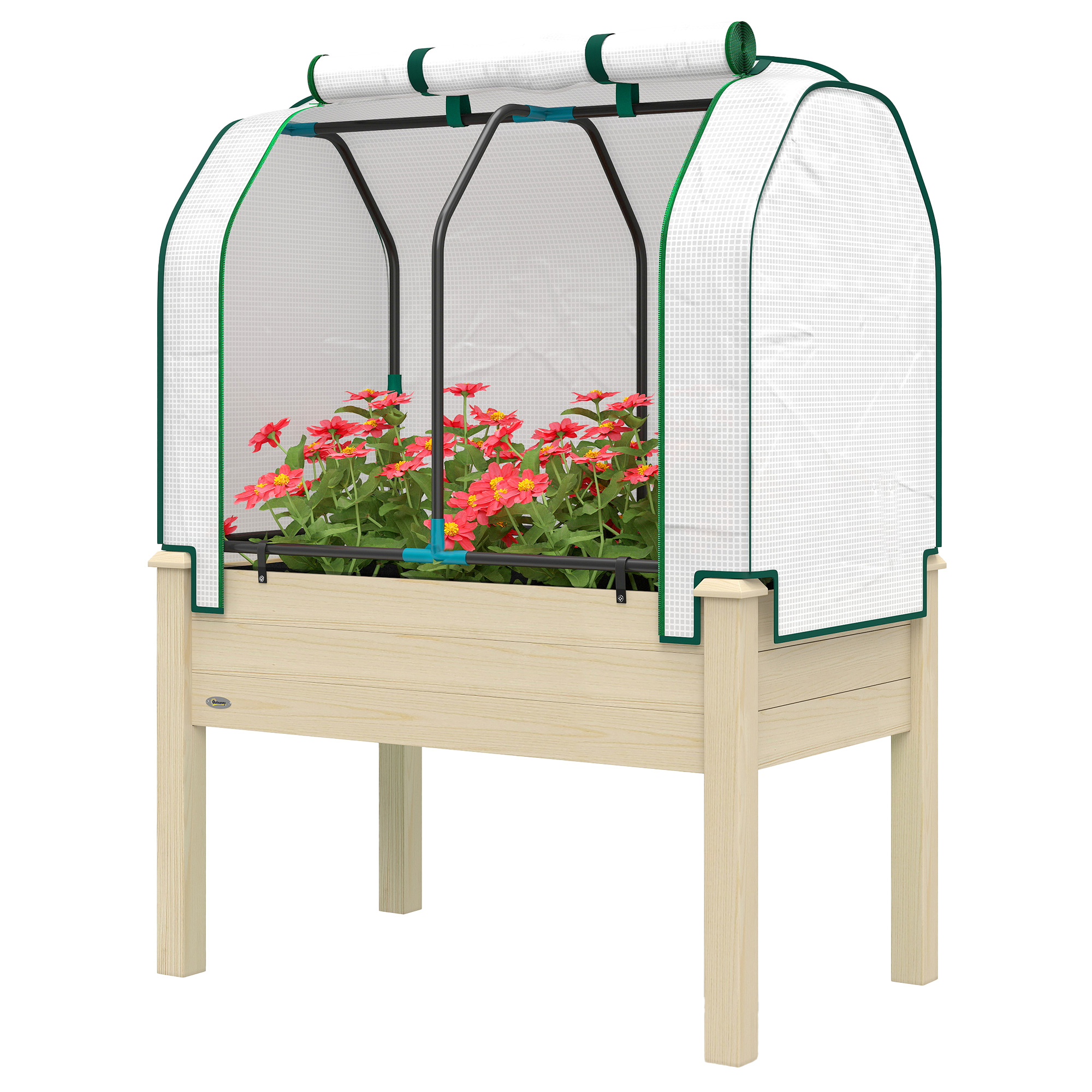 Outsunny Raised Garden Bed with PE Greenhouse Cover Outdoor Planter Box for Herbs and Vegetables, 35 x 22 x 47 inch, Natural