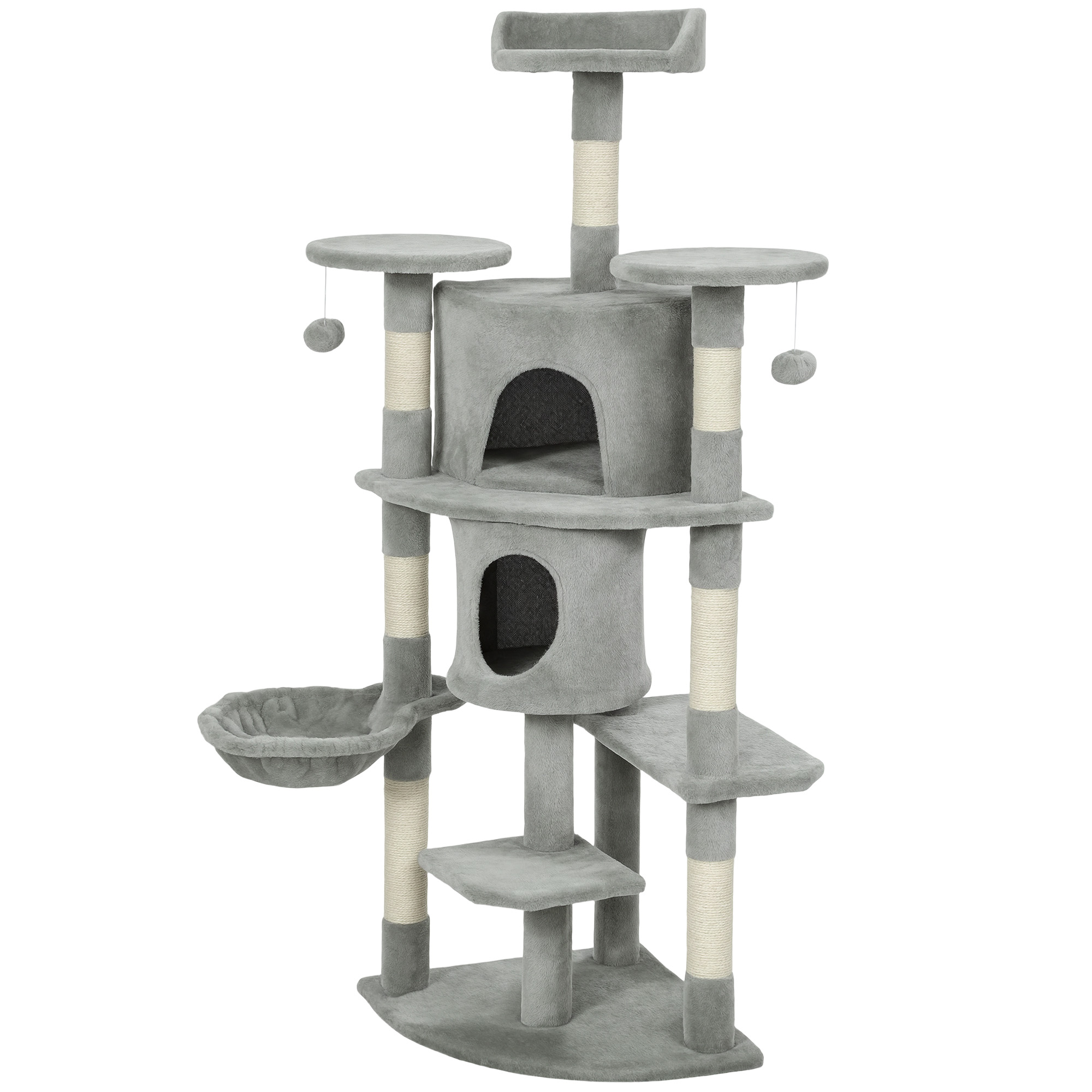 2 Condos, 62" Feline Tree with Scratching Post, Hammock, Perches, Plush, Pompoms, for Inside Cats, Lightweight Grey 1