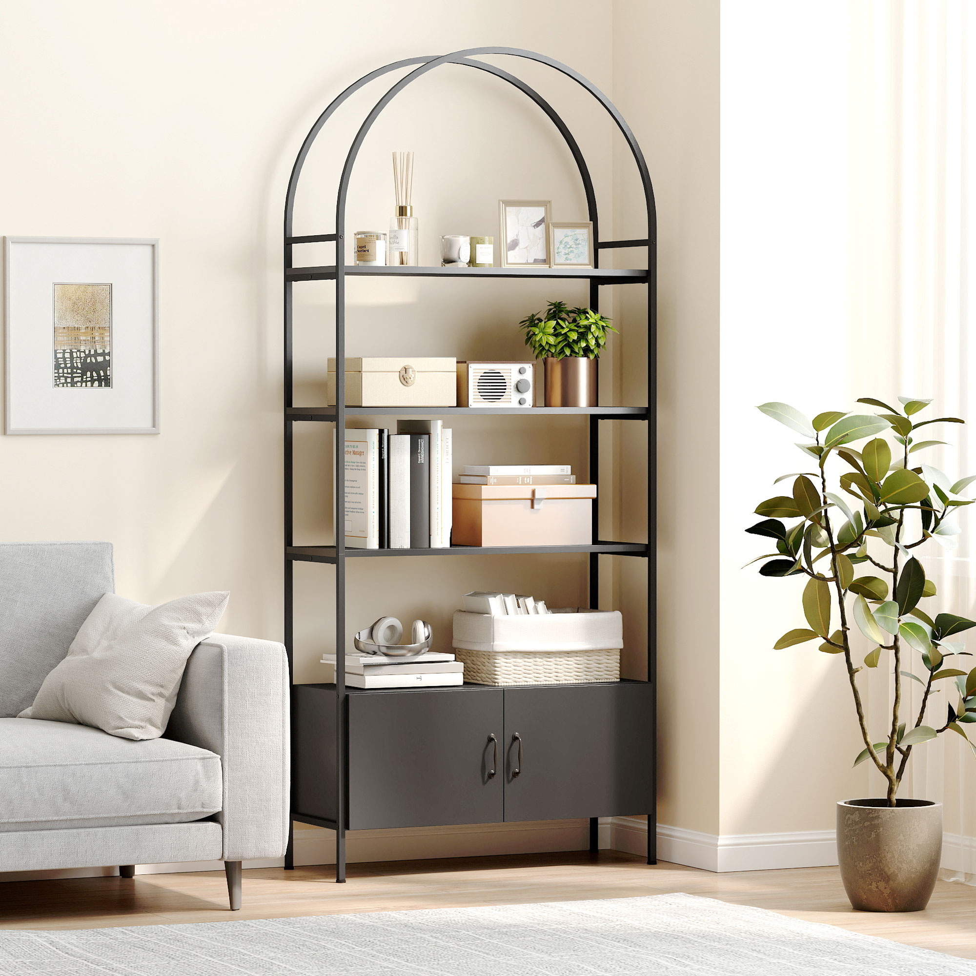 HOMCOM 4-Tier Arched Shelving Unit with Cabinet, Bookshelf for Living ...