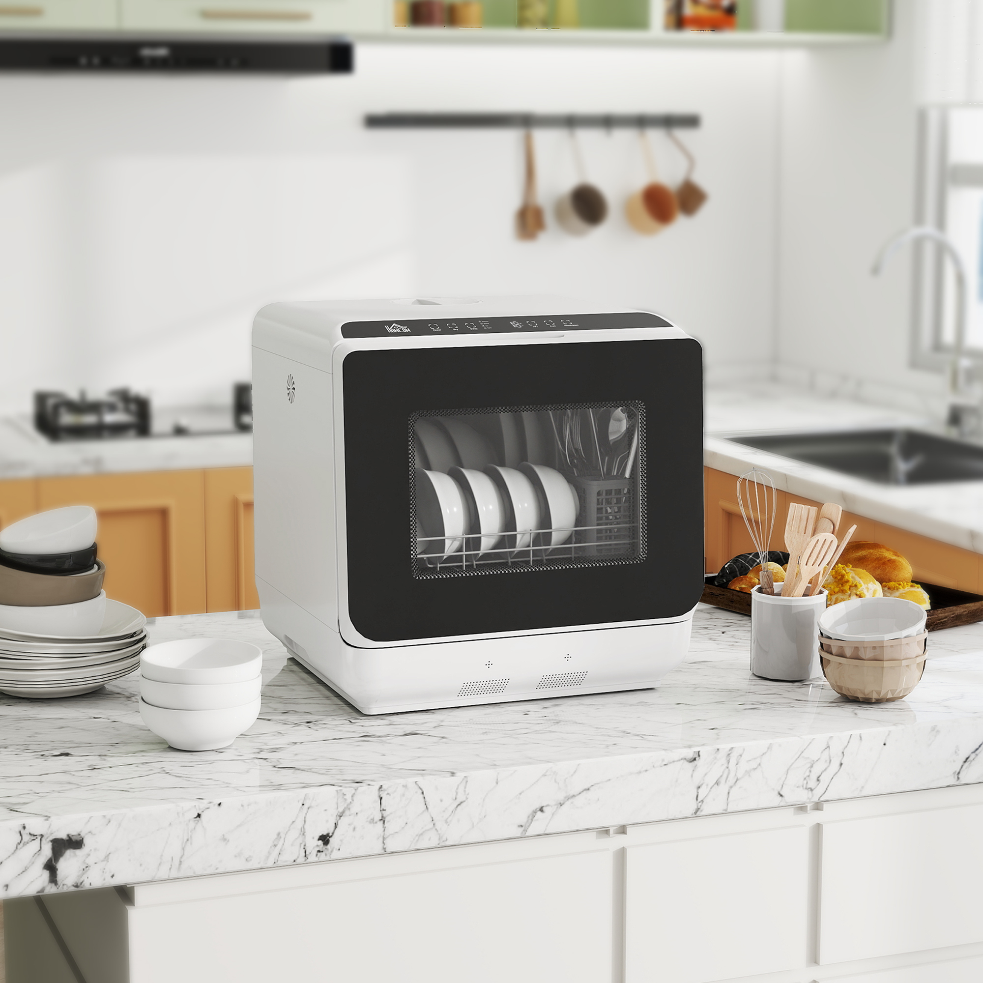 HOMCOM Mini Dishwasher with Built-in 6L Water Tank, 5 Wash Programs, Touch Control, LED Display, Dual Water Supply, White Aosom Canada