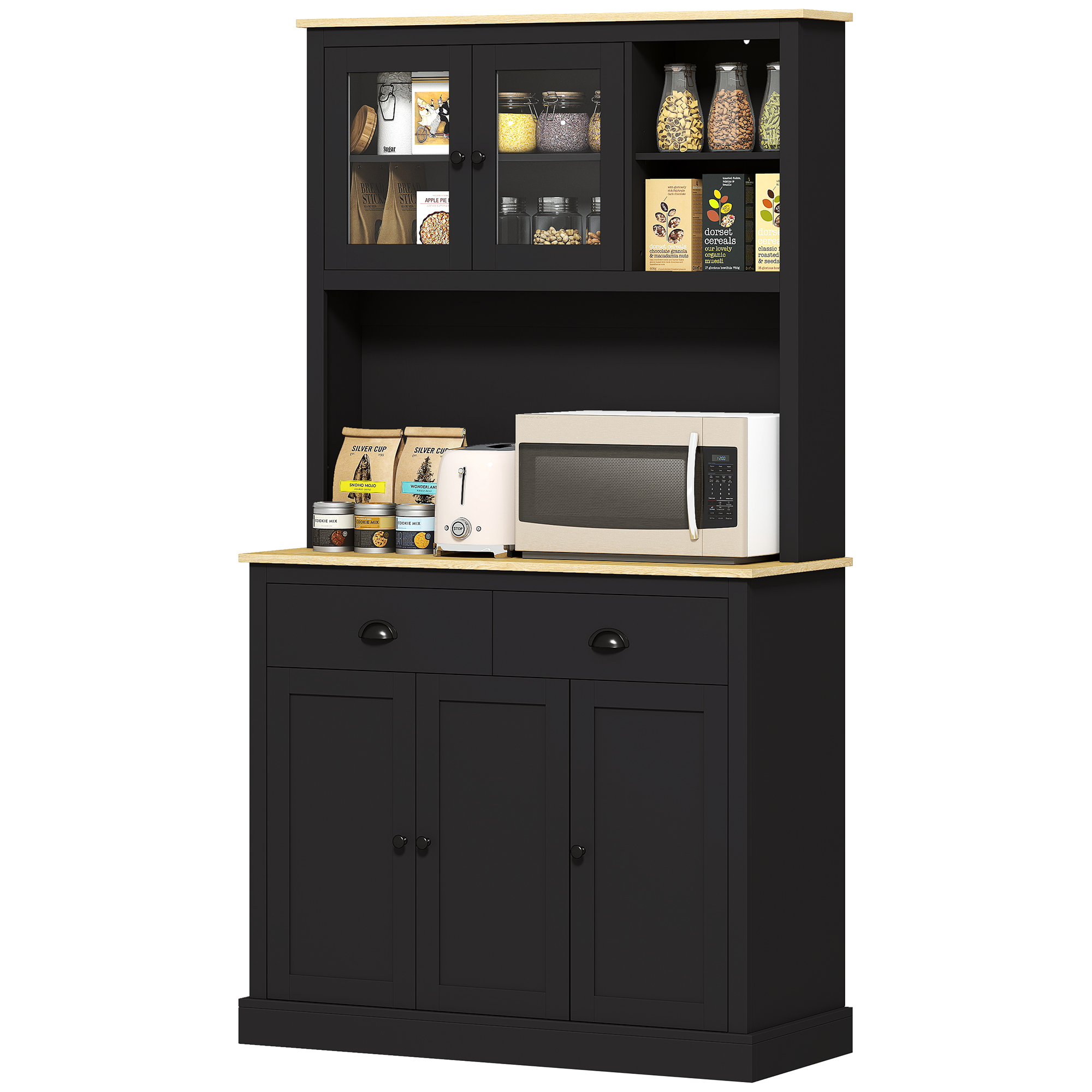 HOMCOM Freestanding Kitchen Cabinet, 71" Tall Pantry Cabinet, Modern Hutch with Wide Countertop, Adjustable Shelves, Black