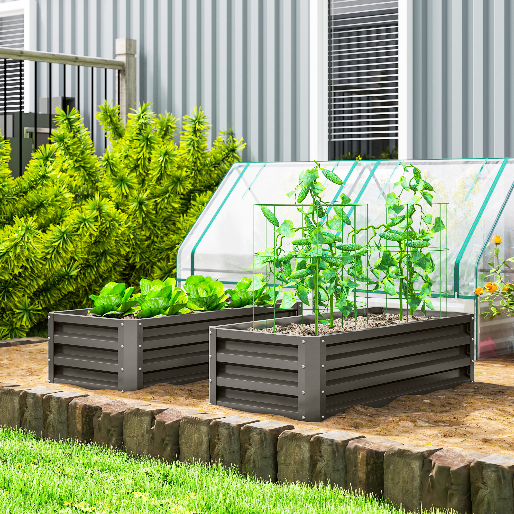 Outsunny Set of 2 Dark Grey Galvanized Raised Garden Beds Outdoor Planter Box for Flowers Herbs Vegetables Aosom Canada