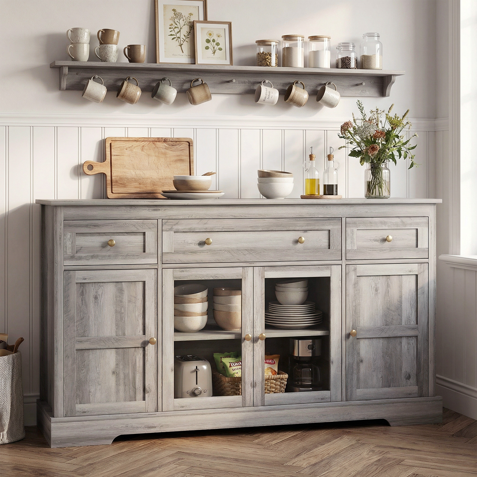 HOMCOM Dining Room Sideboard Storage Glass Door Adjustable Shelf Buffet Coffee Bar Cabinet Weathered Grey Oak Aosom Canada