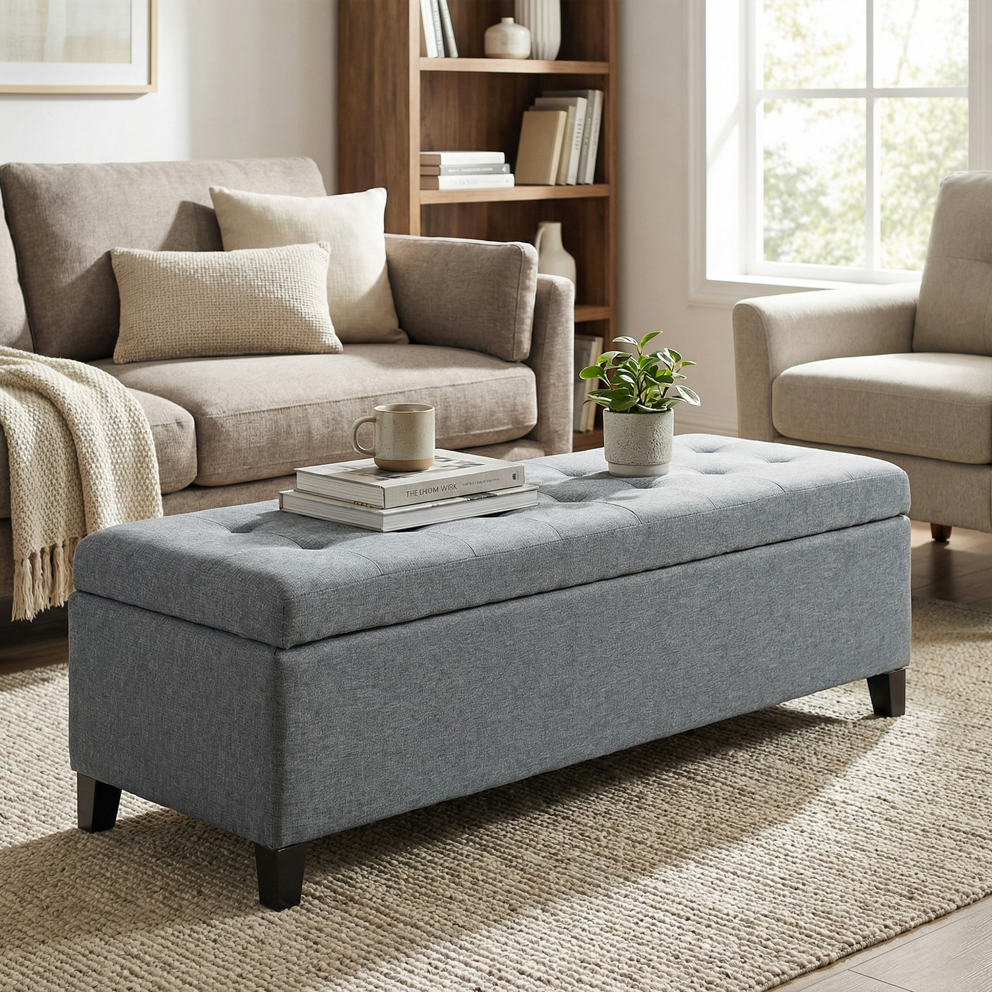HOMCOM 50" Large Rectangular Ottoman Bench Tufted Linen Fabric Wood Feet Grey Contemporary Living Room Decor Aosom Canada