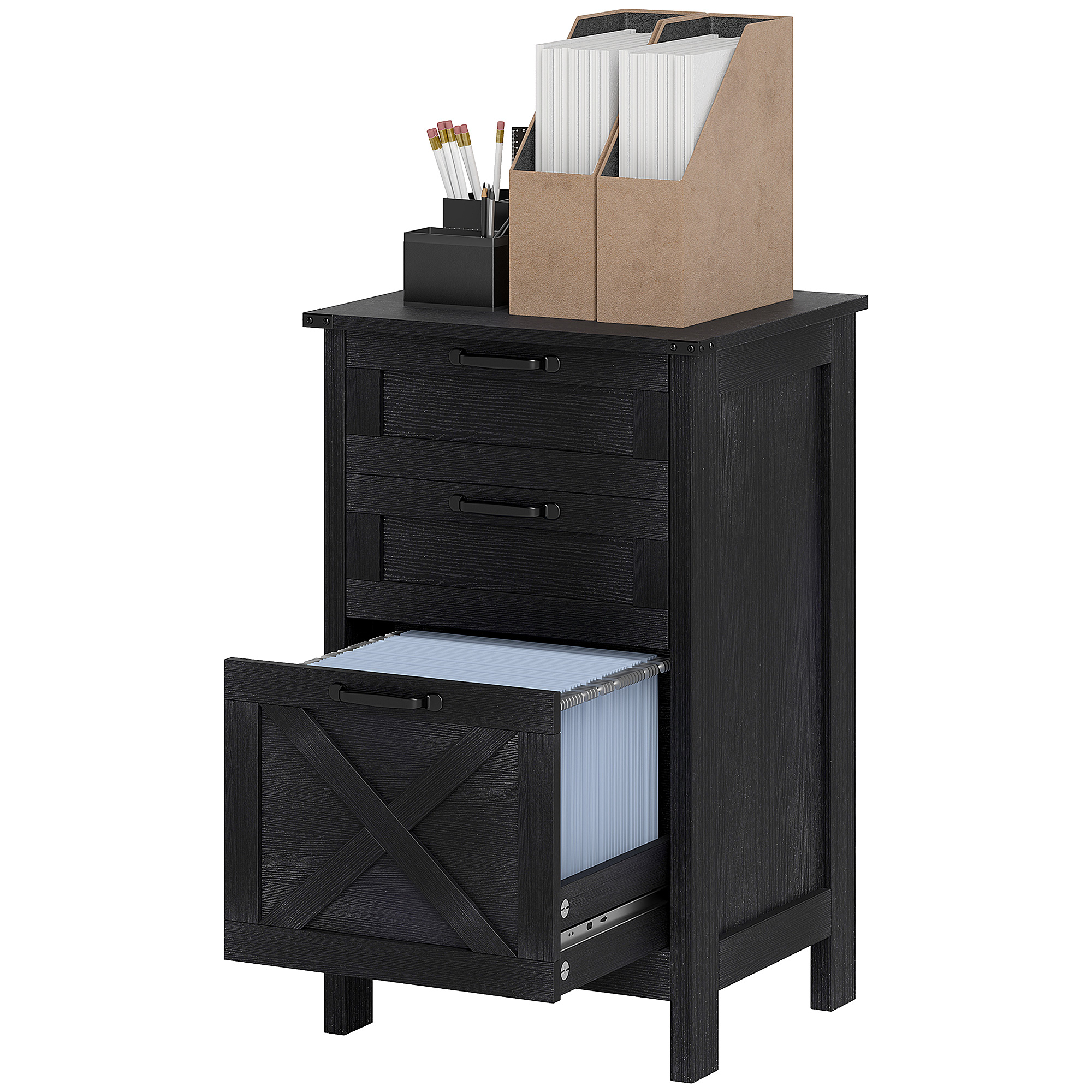 HOMCOM Vertical File Cabinet with 3 Drawers, Rustic Farmhouse Office Storage Cabinet for A4, Letter Size, Distressed Black