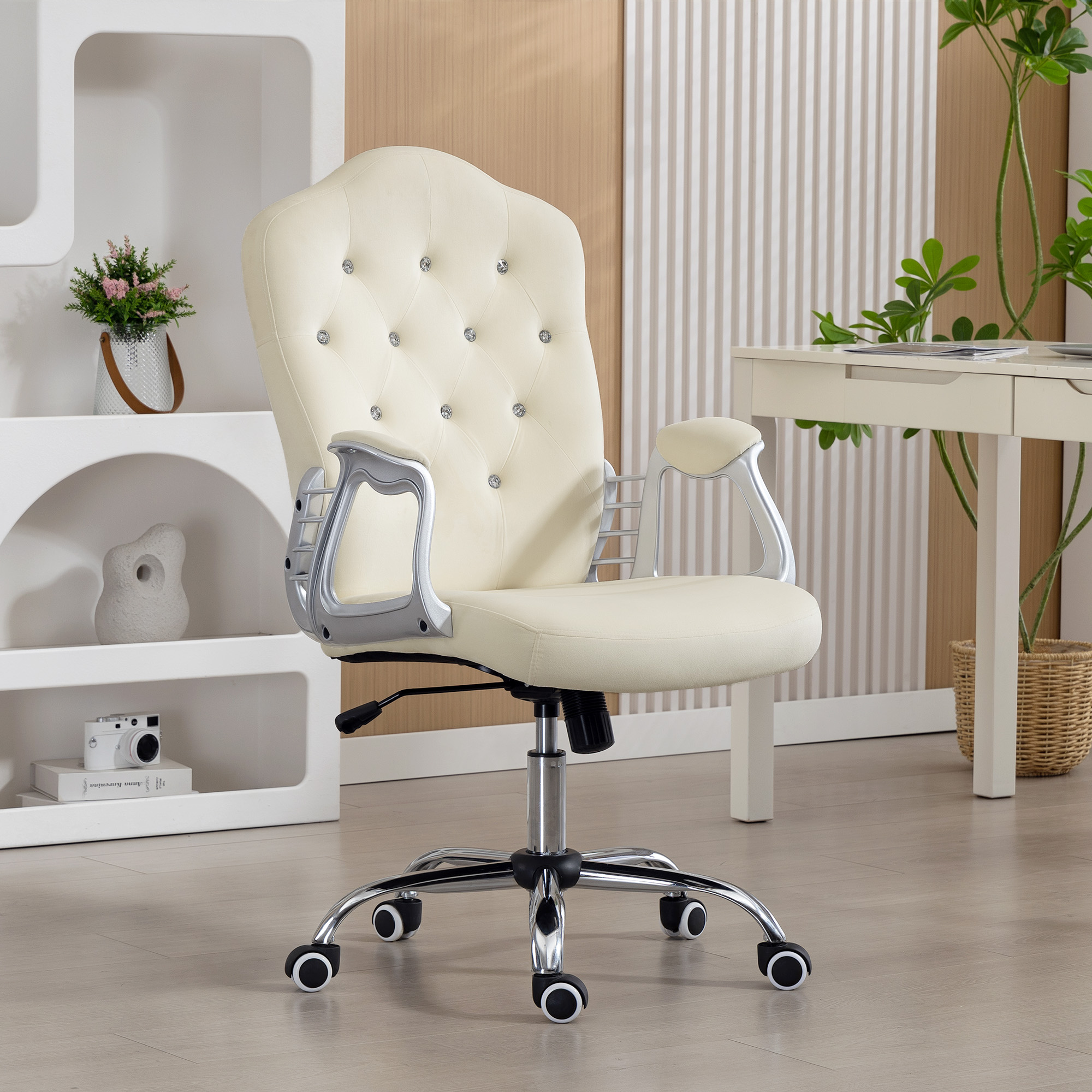 Vinsetto Vanity Office Chair, Velvet Computer Desk Chair with Swivel Wheels, Adjustable Height, Tilt Function, Beige Aosom Canada