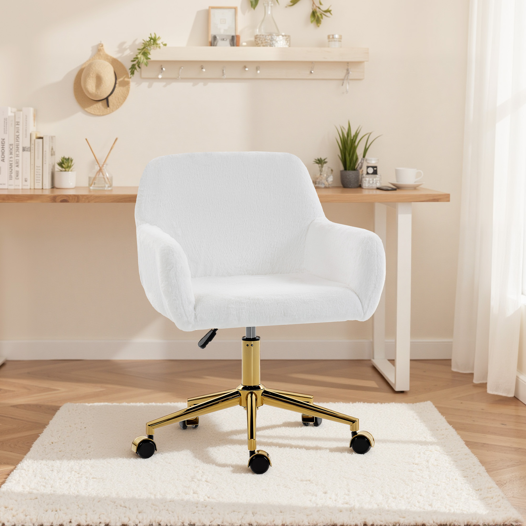 HOMCOM Office Chair, Faux Rabbit Fur Upholstered Vanity Desk Chair, Cream White Aosom Canada