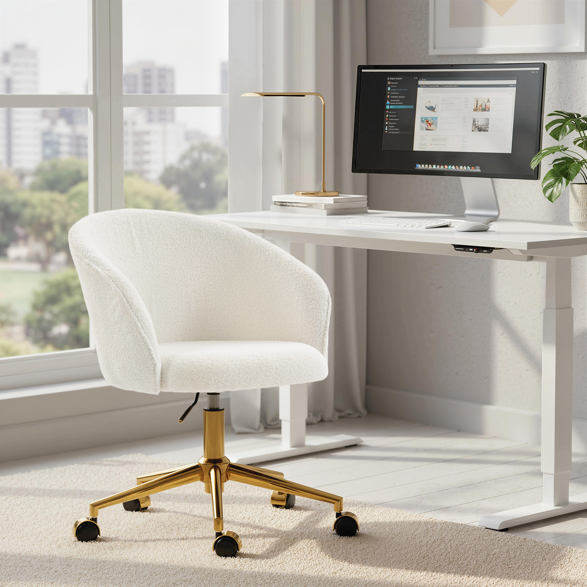 HOMCOM Office Chair, Teddy Fleece Upholstered Vanity Desk Chair, Cream White Aosom Canada