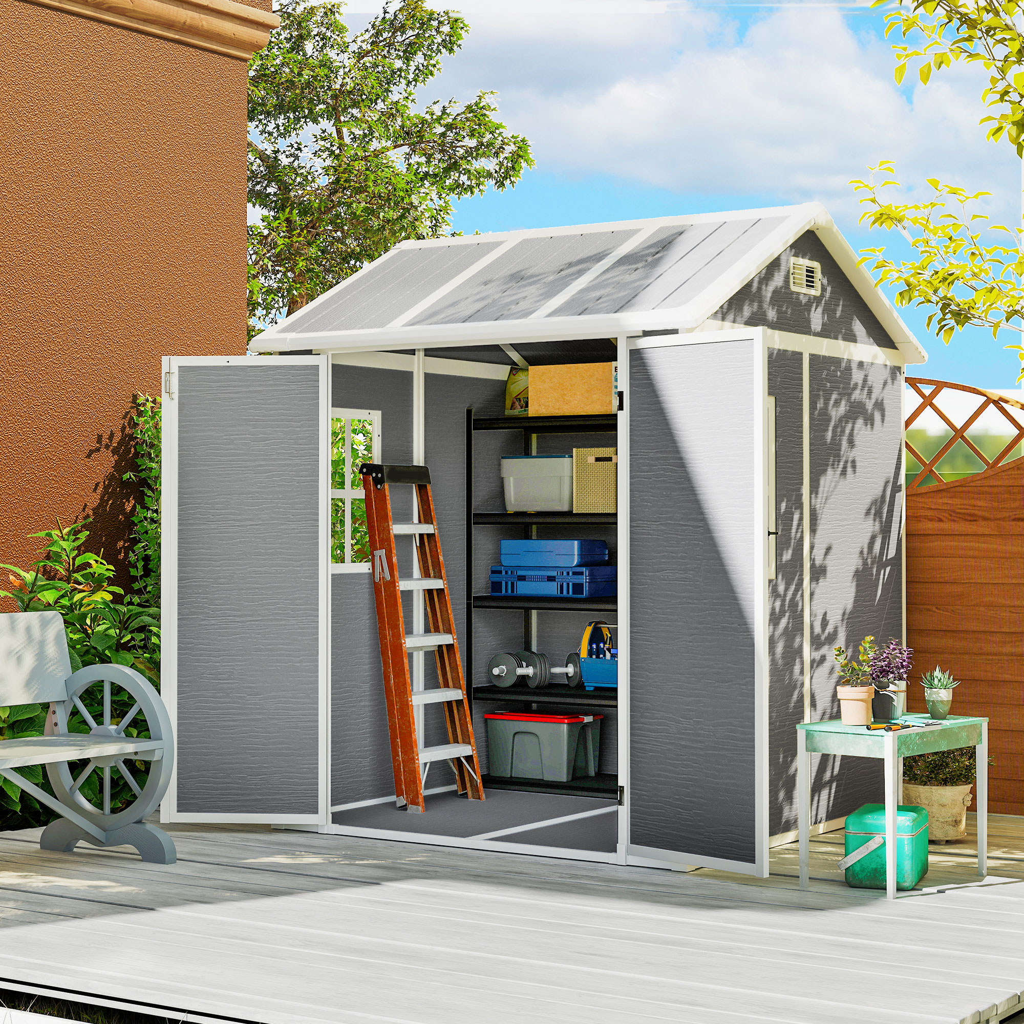 Outsunny 6' x 6' Resin Outdoor Storage Shed with Floor, Window, Lockable Doors and Vents for Backyard Patio Lawn, Grey Aosom Canada