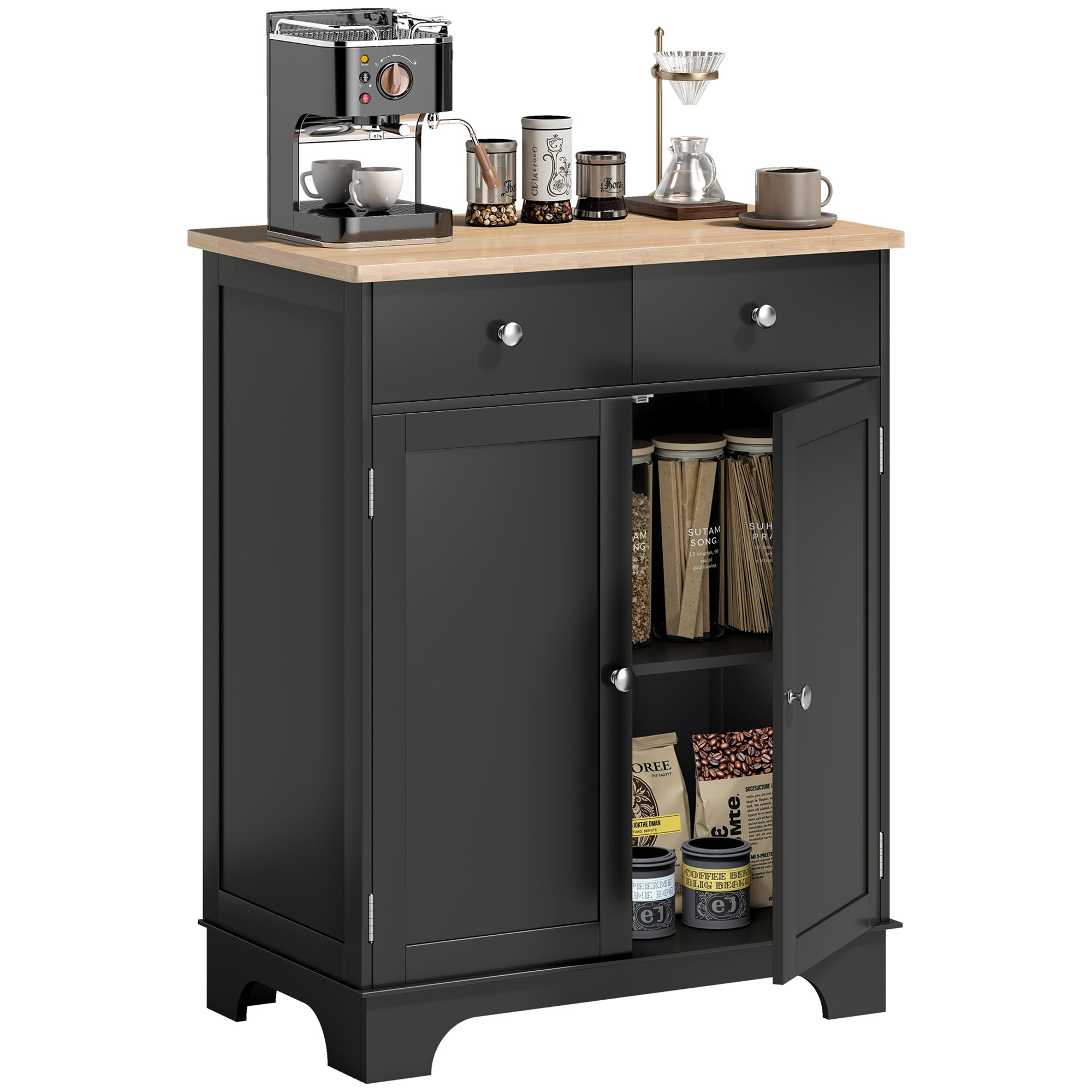 HOMCOM Kitchen Storage Cabinet, Sideboard Floor Cupboard with Solid Wood Top, Adjustable Shelf, and 2 Drawers, Black