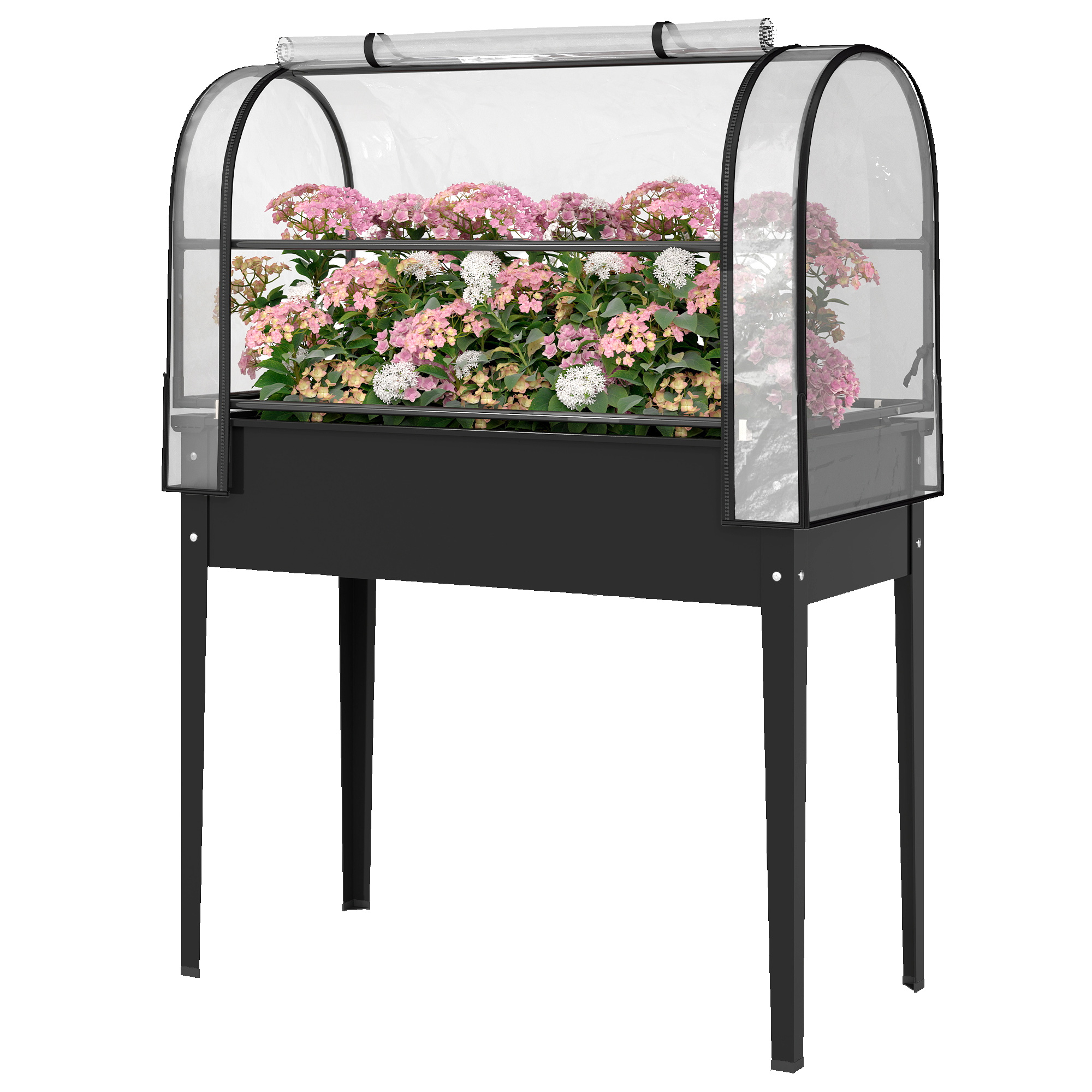 Outsunny Raised Garden Bed with Flip-Up Greenhouse Cover, Metal Elevated Garden Bed with Legs and Drainage Hole, Black